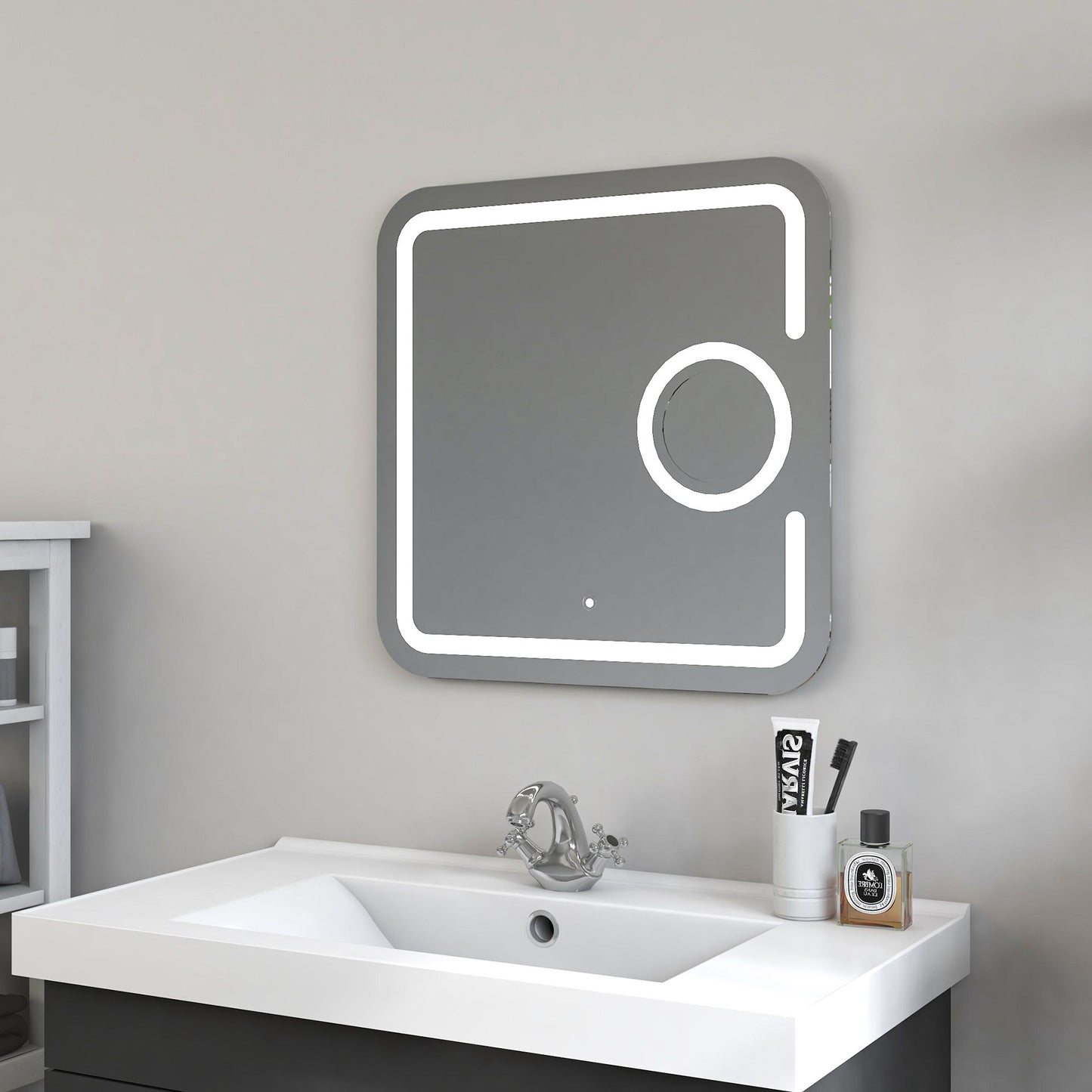 Square 31.5 Inch x 31.5 Inch LED Mirror with Touch Sensor and 3X Magnifier - Vanity Art VA23