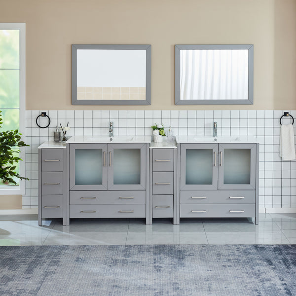 96 Inch Double Sink Bathroom Vanity in Gray with Ceramic Countertop - Vanity Art VA3036-96G