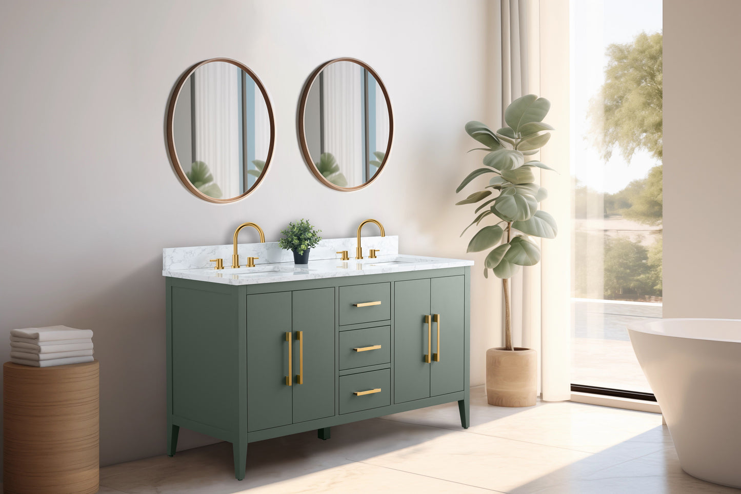 60 Inch Double Sink Bathroom Vanity in Vintage Green with Marble Countertop - Vanity Art VA9060-DVG