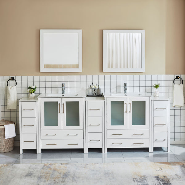 96 Inch Double Sink Bathroom Vanity in White with Ceramic Countertop - Vanity Art VA3030-96W