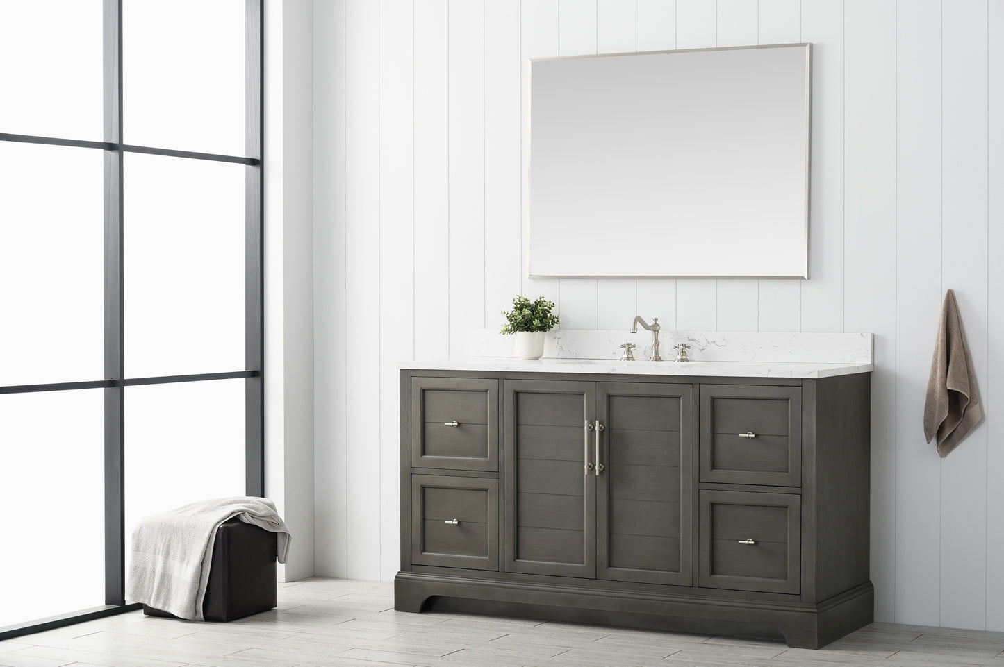 60 Inch Single Sink Bathroom Vanity in Gray with Marble Countertop & Backsplash - Vanity Art VA5060-SSG