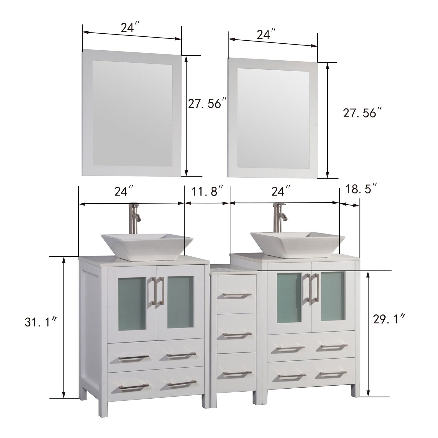 60 Inch Double Sink Bathroom Vanity in White with Marble Countertop - Vanity Art VA3124-60W