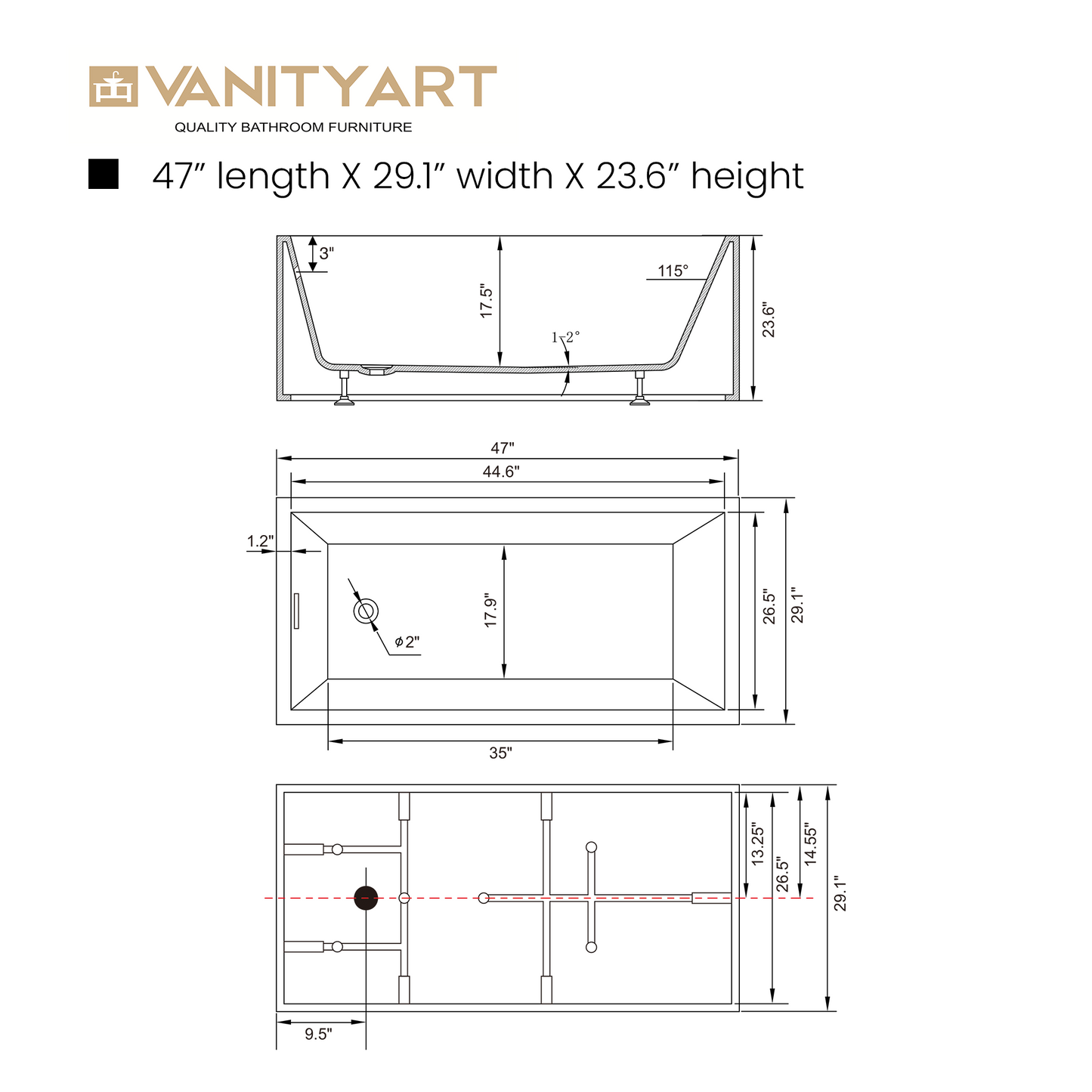 47 Inch Freestanding White Acrylic Bathtub with Overflow And Pop-Up Drain - Vanity Art VA6816B-XS