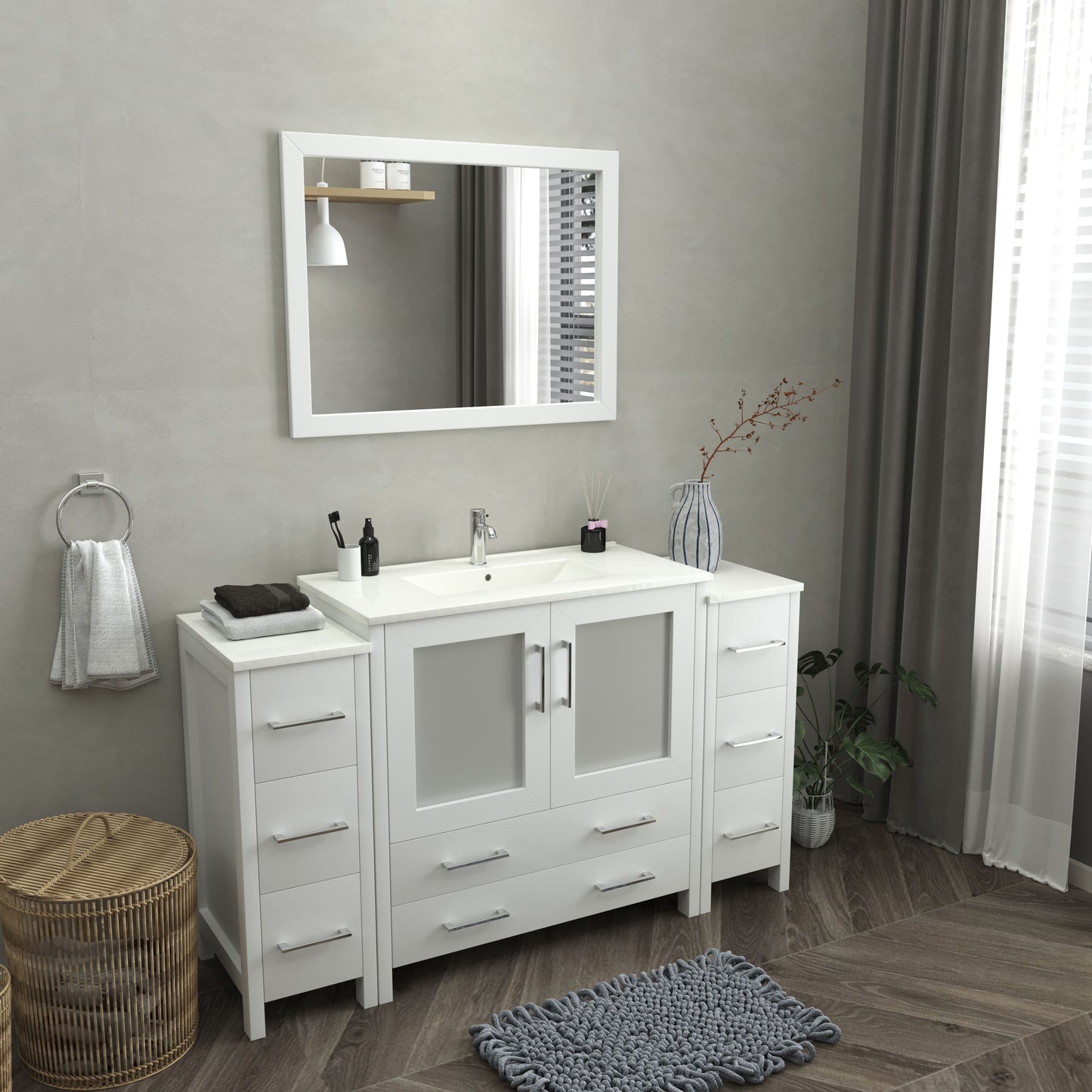 60 Inch Single Sink Bathroom Vanity in White with Ceramic Countertop - Vanity Art VA3036-60W