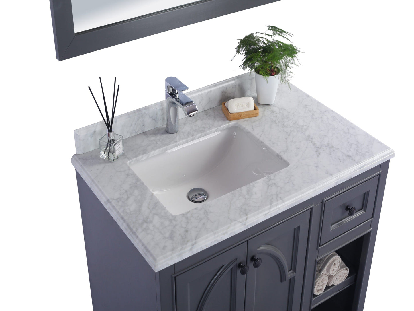 Laviva 313613-36-WC Laviva Odyssey 36" Single Hole White Carrara Marble Countertop with Left Offset Rectangular Ceramic Sink 313613-36-WC