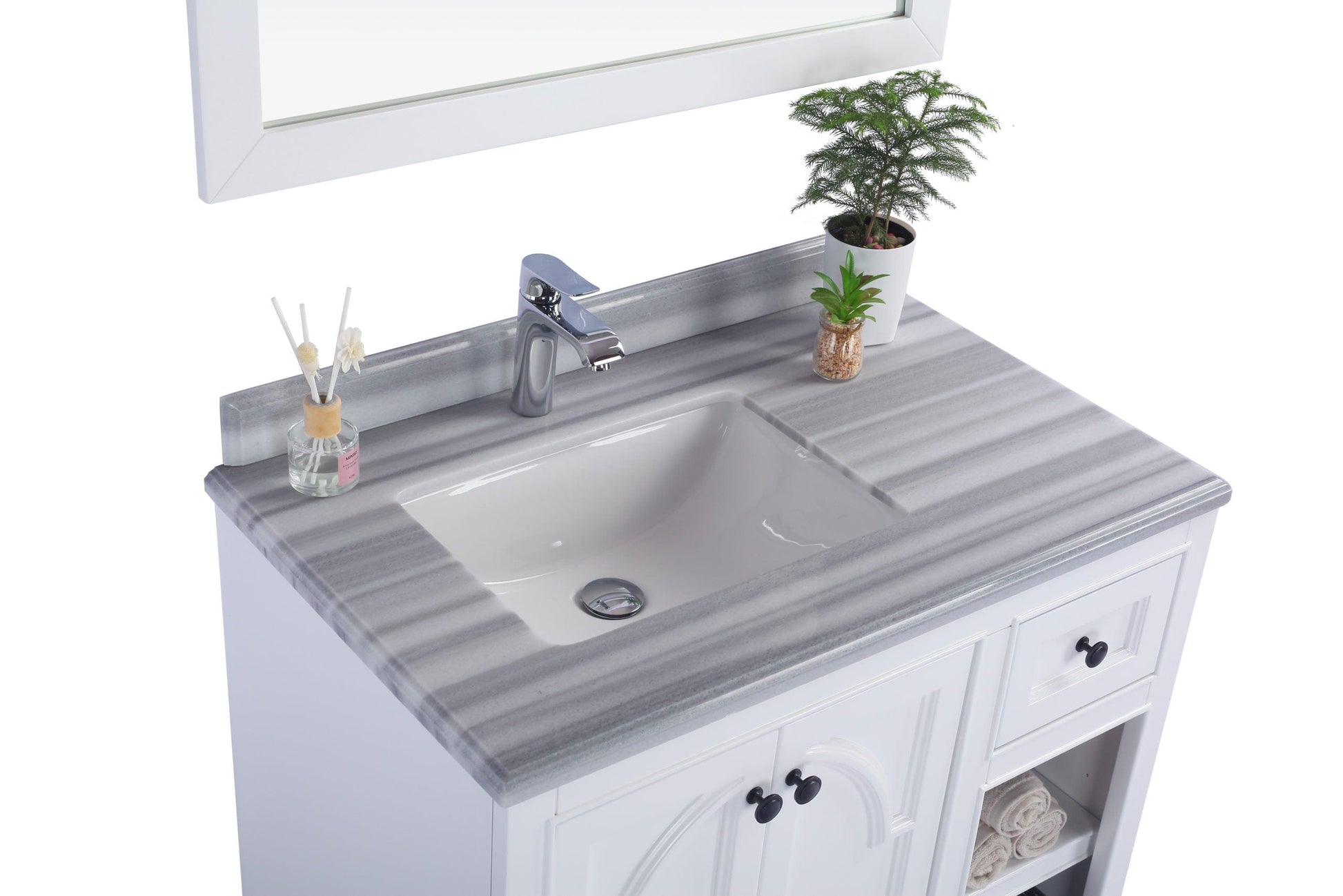 Laviva 313613-36-WS Laviva Odyssey 36" Single Hole White Stripes Marble Countertop with Left Offset Rectangular Ceramic Sink 313613-36-WS