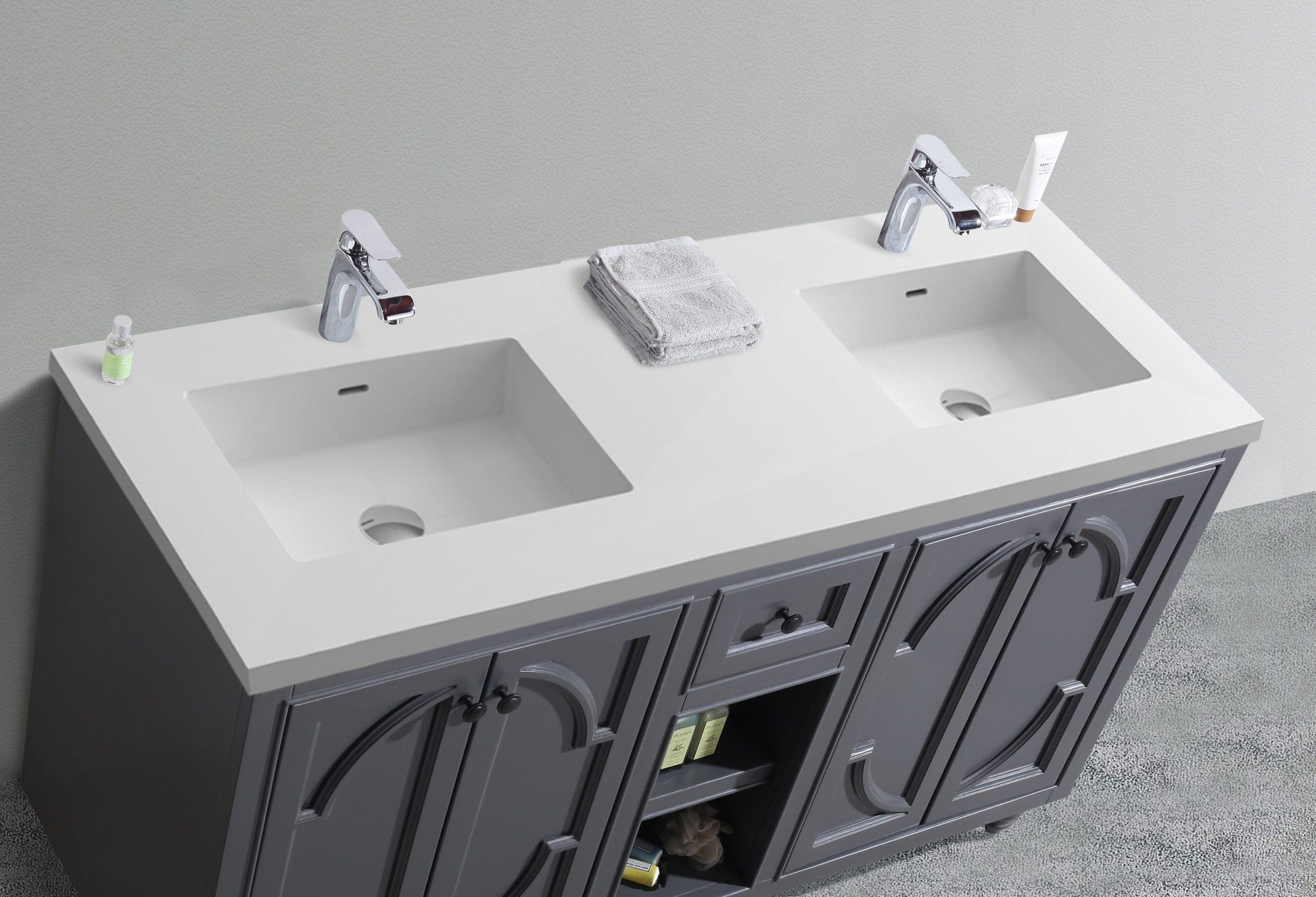 Laviva 313613-60G-MW Laviva Odyssey 60" Maple Gray Double Sink Bathroom Vanity with Matte White VIVA Stone Solid Surface Countertop 313613-60G-MW