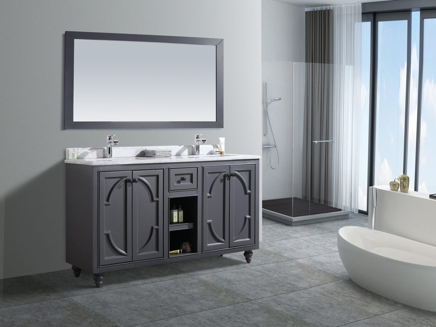 Laviva 313613-60G-WC Laviva Odyssey 60" Maple Gray Double Sink Bathroom Vanity with White Carrara Marble Countertop 313613-60G-WC