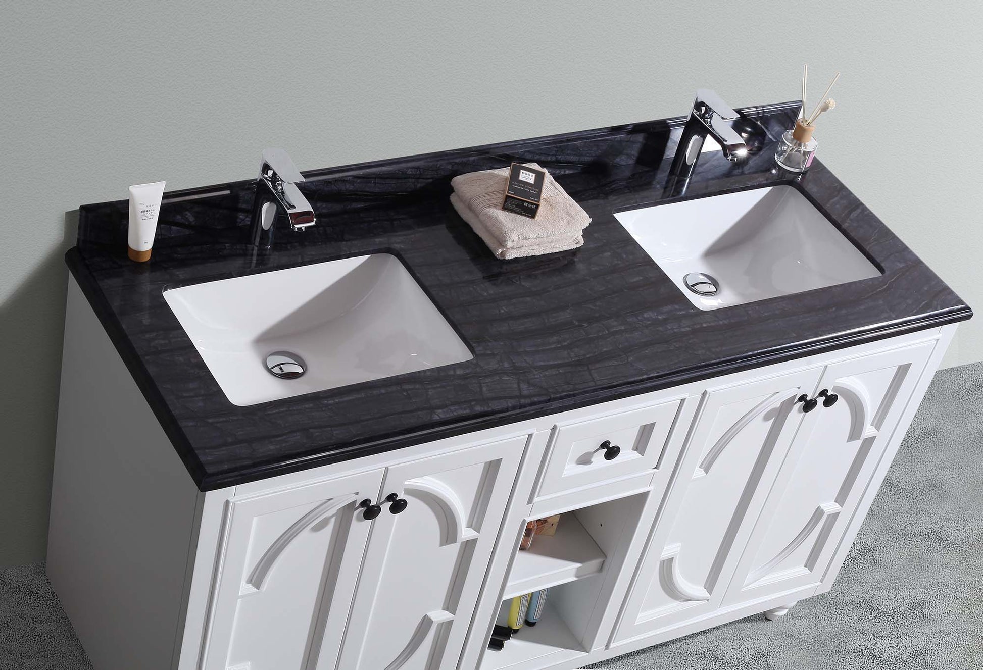 Laviva 313613-60W-BW Laviva Odyssey 60" White Double Sink Bathroom Vanity with Black Wood Marble Countertop 313613-60W-BW