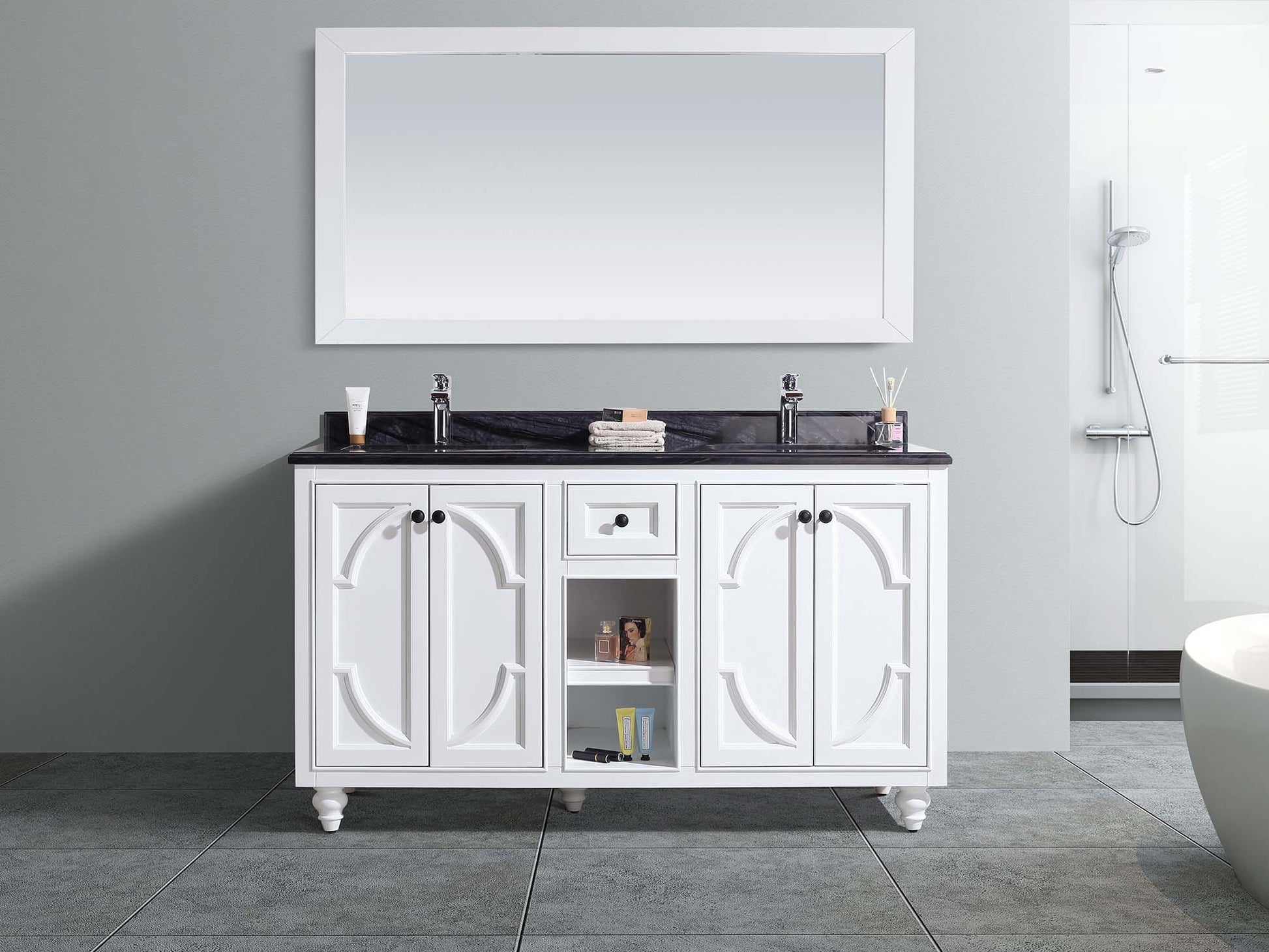 Laviva 313613-60W-BW Laviva Odyssey 60" White Double Sink Bathroom Vanity with Black Wood Marble Countertop 313613-60W-BW