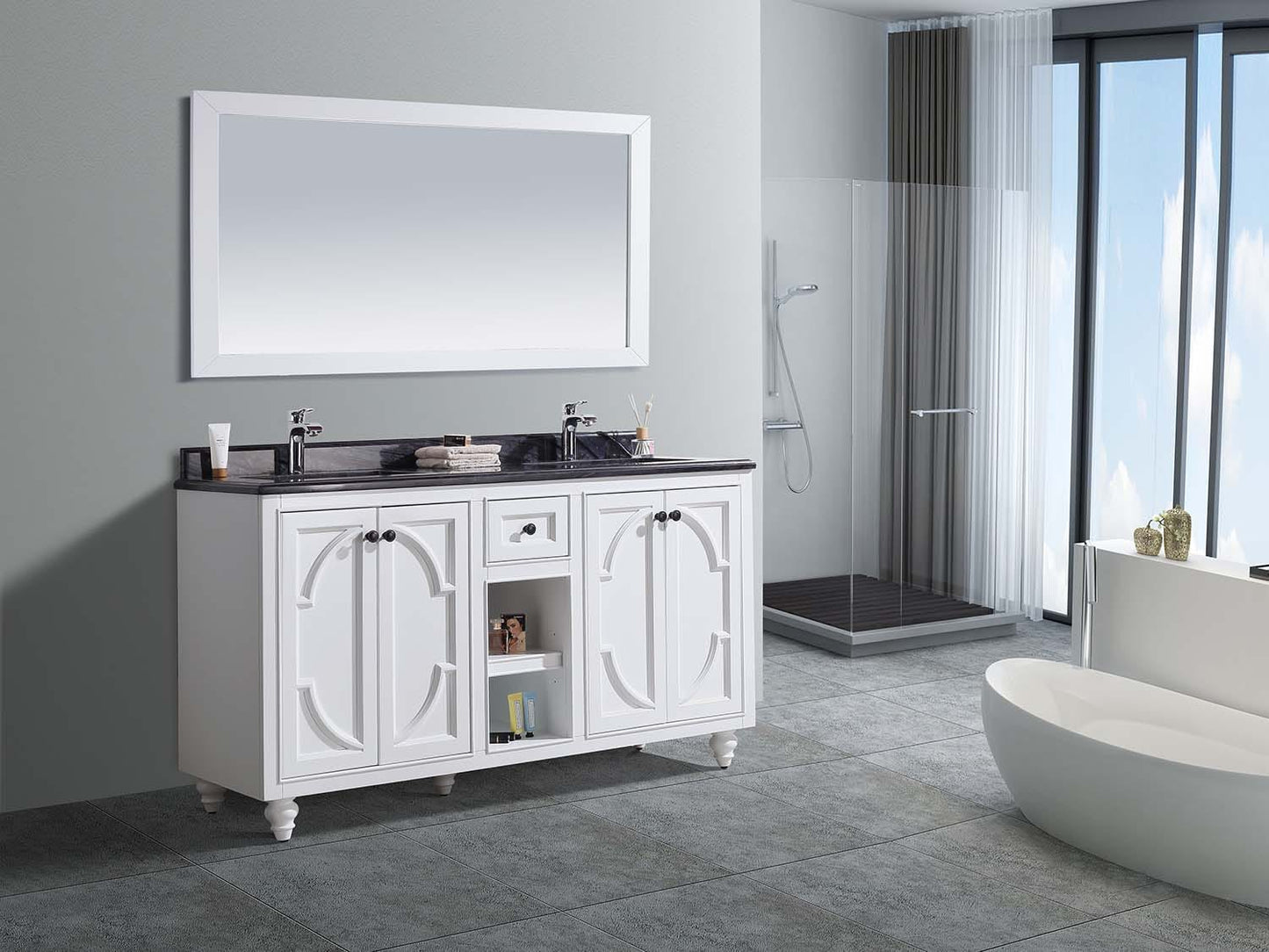 Laviva 313613-60W-BW Laviva Odyssey 60" White Double Sink Bathroom Vanity with Black Wood Marble Countertop 313613-60W-BW