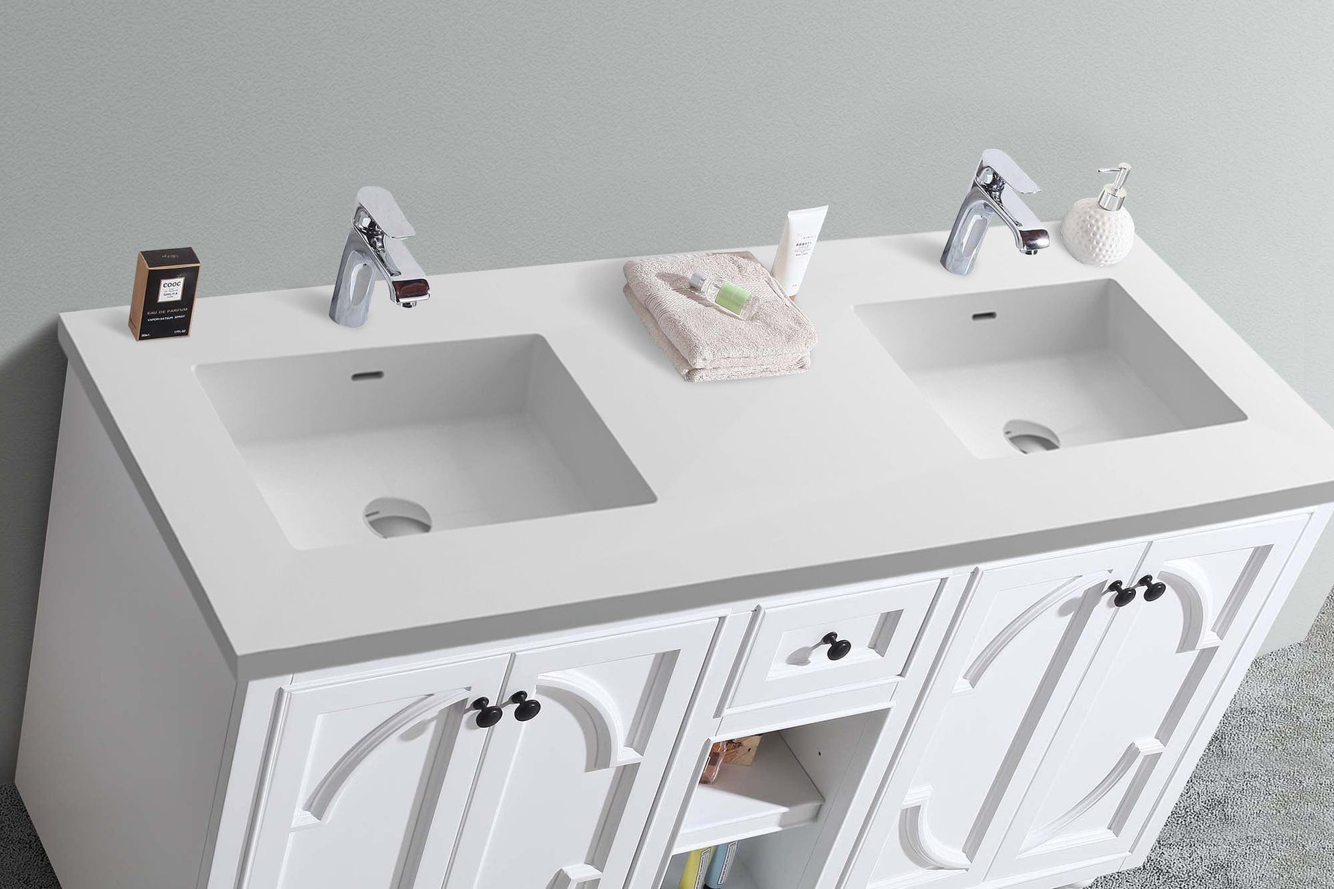 Laviva 313613-60W-MW Laviva Odyssey 60" White Double Sink Bathroom Vanity with Matte White VIVA Stone Solid Surface Countertop 313613-60W-MW