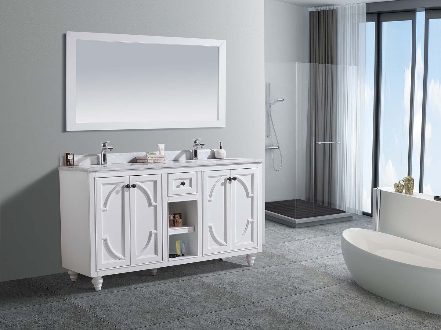 Laviva 313613-60W-WC Laviva Odyssey 60" White Double Sink Bathroom Vanity with White Carrara Marble Countertop 313613-60W-WC