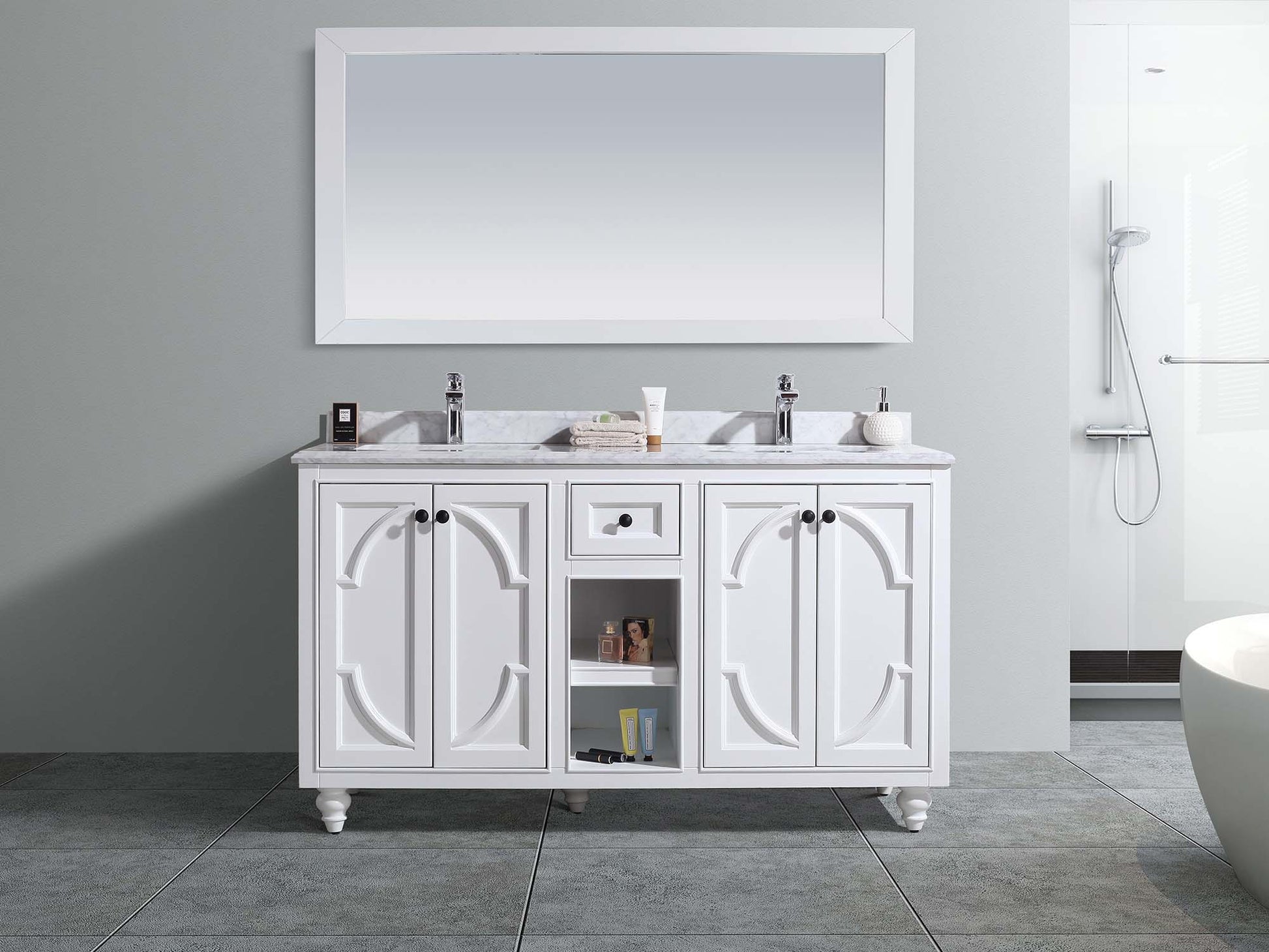 Laviva 313613-60W-WC Laviva Odyssey 60" White Double Sink Bathroom Vanity with White Carrara Marble Countertop 313613-60W-WC