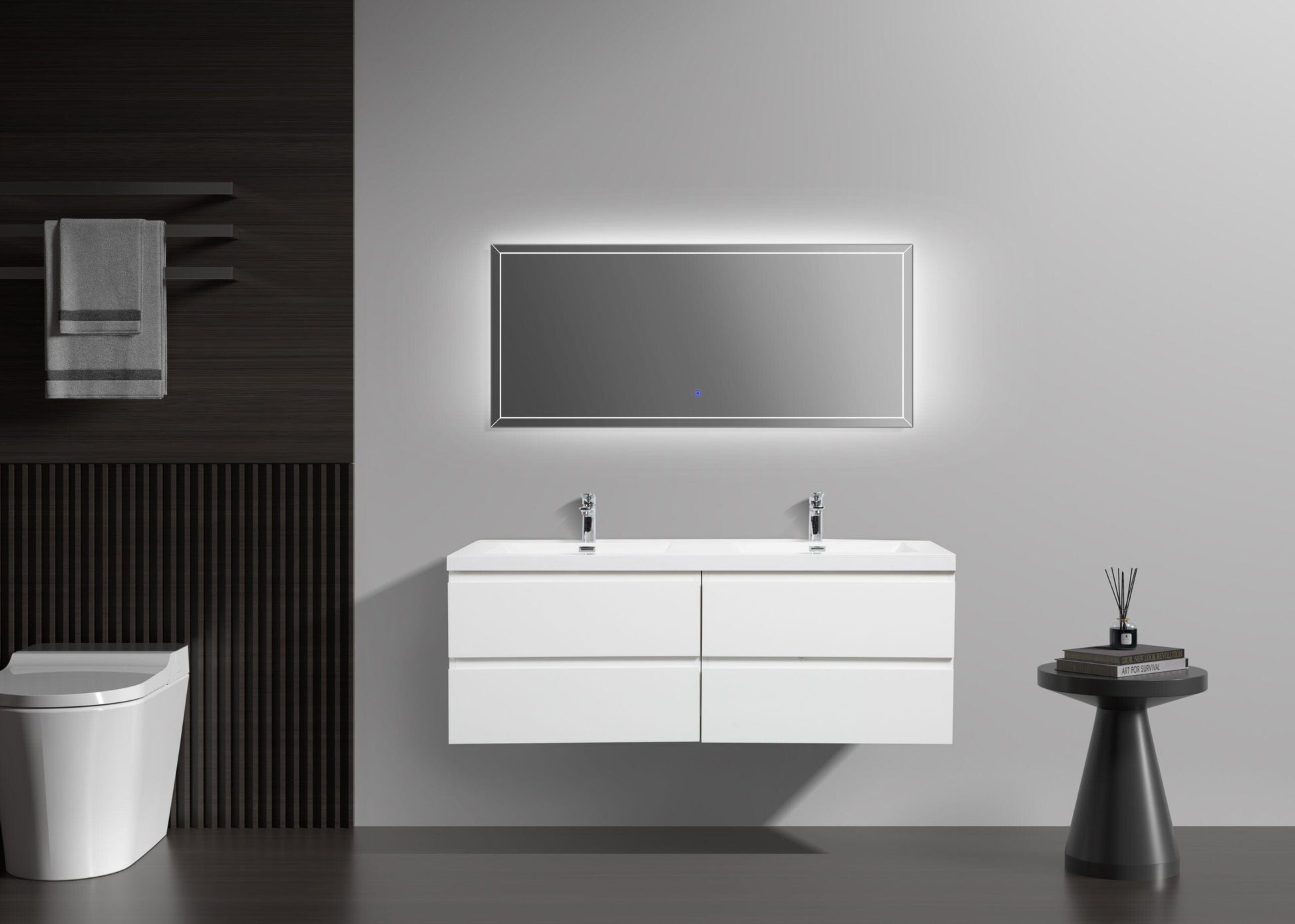 Laviva 313AUR-60DGPW-GW Laviva Aurora 60" Glossy Polar White Wall Hung Double Sink Bathroom Vanity with White Acrylic Countertop 313AUR-60DGPW-GW