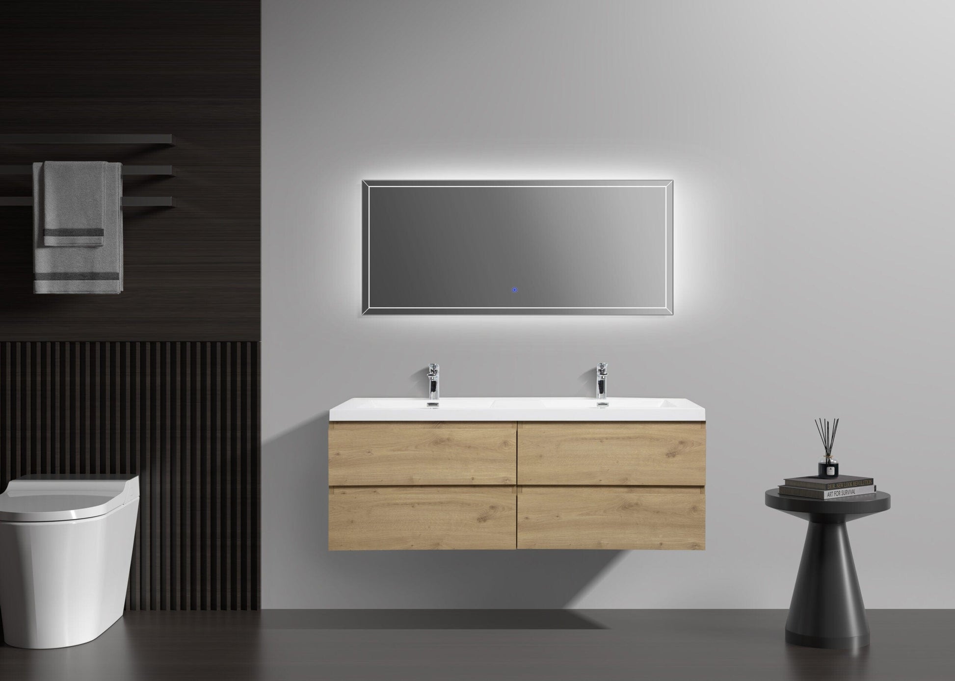 Laviva 313AUR-60DSO-GW Laviva Aurora 60" Sonoma Oak Wall Hung Double Sink Bathroom Vanity with White Acrylic Countertop 313AUR-60DSO-GW