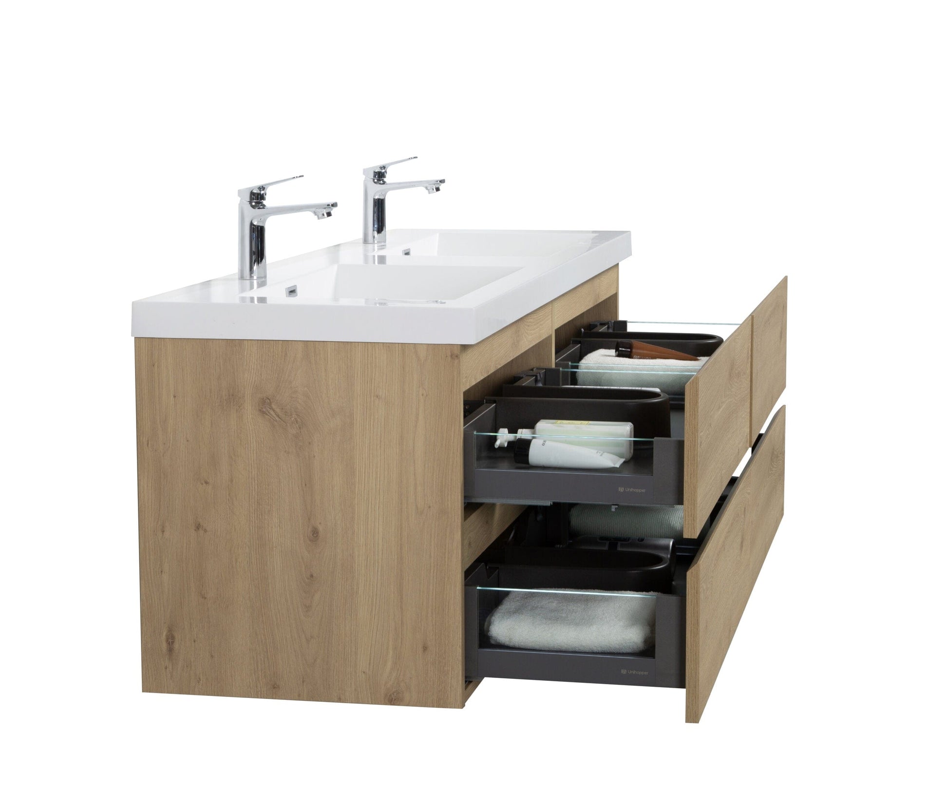 Laviva 313AUR-60DSO-GW Laviva Aurora 60" Sonoma Oak Wall Hung Double Sink Bathroom Vanity with White Acrylic Countertop 313AUR-60DSO-GW