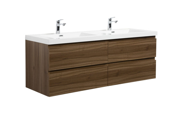 Laviva 313AUR-60DSW-GW Laviva Aurora 60 Smokey Walnut Wall Hung Double Sink Bathroom Vanity with White Acrylic Countertop 313AUR-60DSW-GW