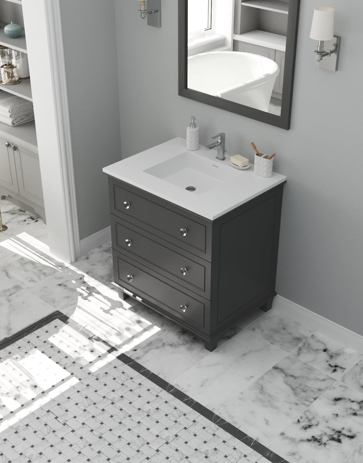 Laviva 313DVN-30G-MW Laviva Luna 30" Maple Gray Bathroom Vanity with Matte White VIVA Stone Solid Surface Countertop 313DVN-30G-MW