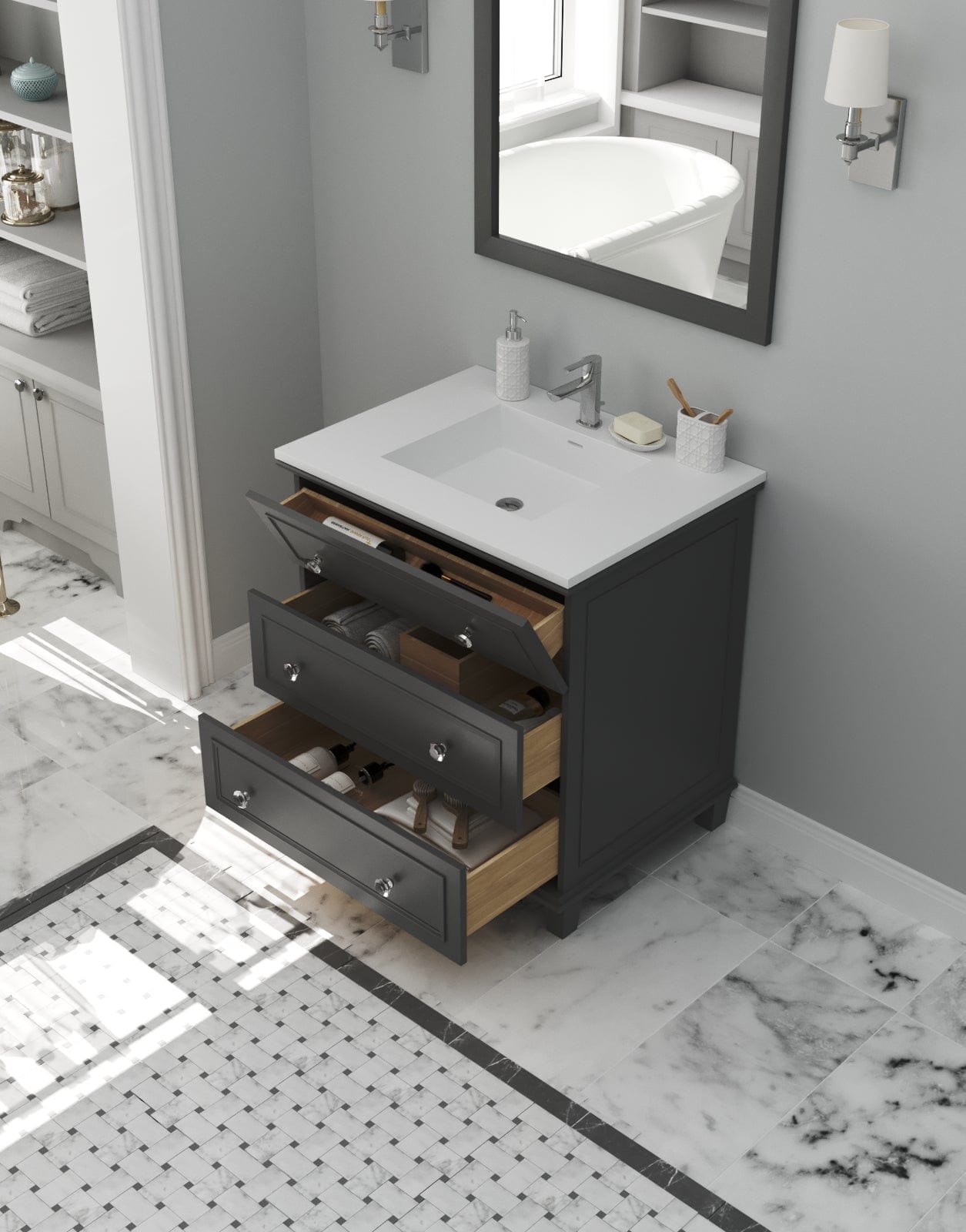 Laviva 313DVN-30G-MW Laviva Luna 30" Maple Gray Bathroom Vanity with Matte White VIVA Stone Solid Surface Countertop 313DVN-30G-MW