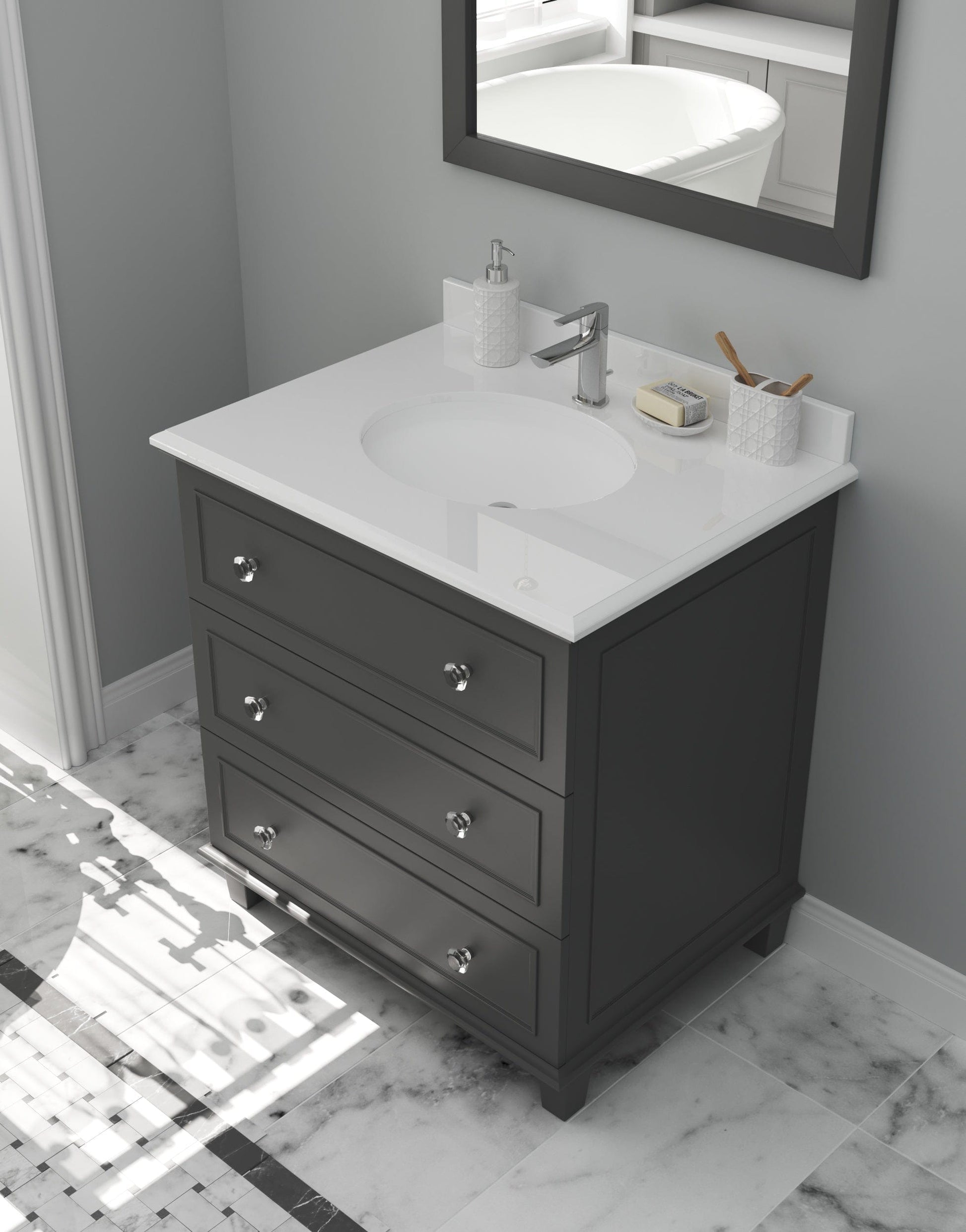 Laviva 313DVN-30G-PW Laviva Luna 30" Maple Gray Bathroom Vanity with Pure White Phoenix Stone Countertop 313DVN-30G-PW