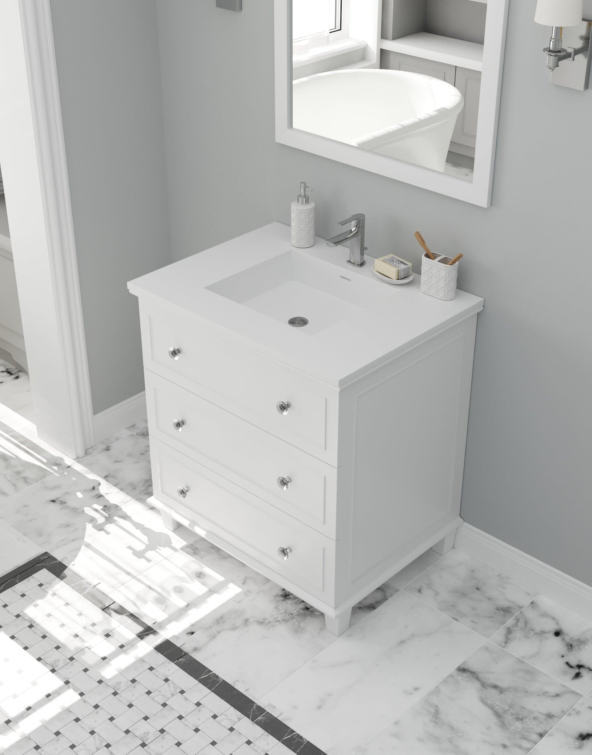 Laviva 313DVN-30W-MW Laviva Luna 30" White Bathroom Vanity with Matte White VIVA Stone Solid Surface Countertop 313DVN-30W-MW