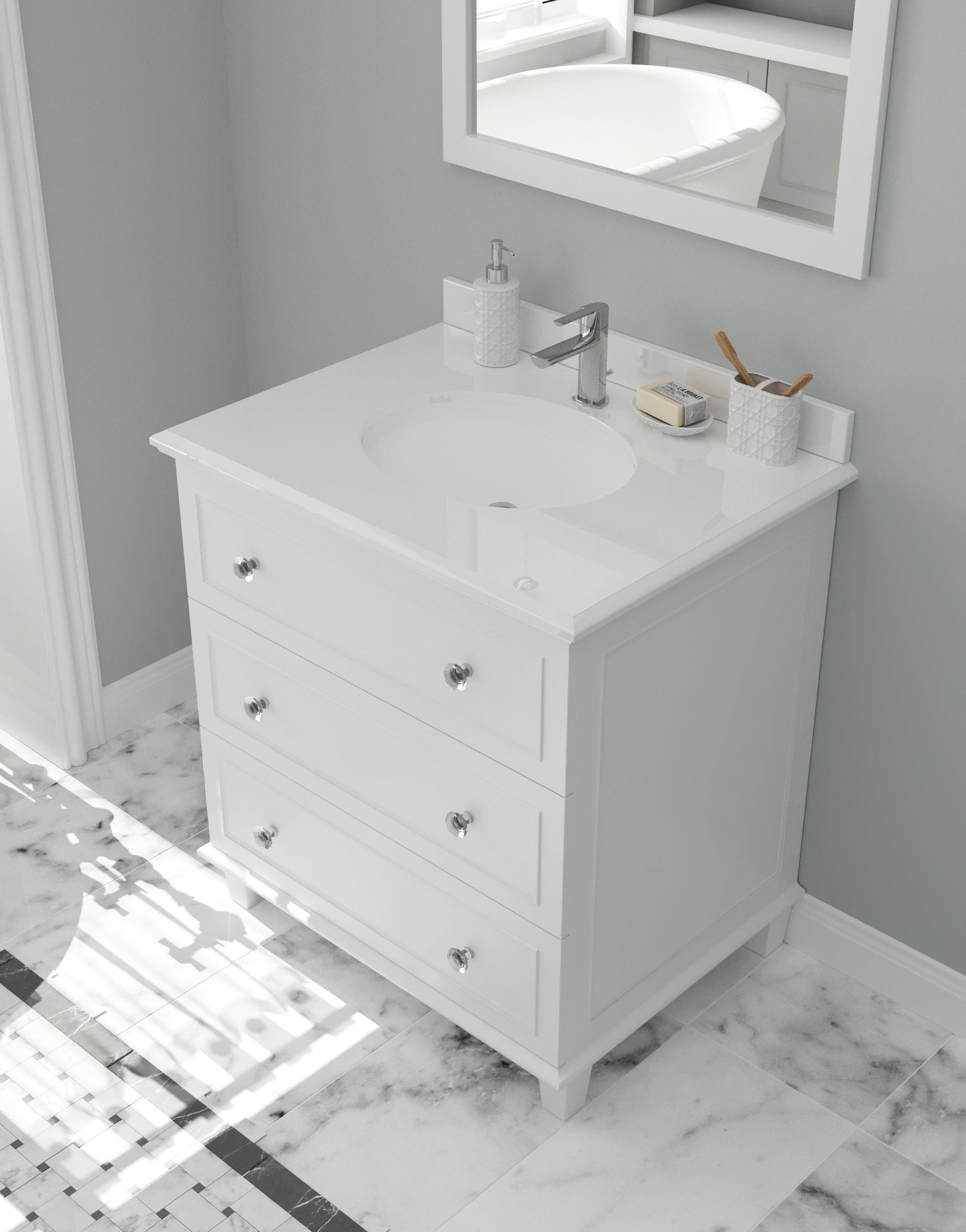 Laviva 313DVN-30W-PW Laviva Luna 30" White Bathroom Vanity with Pure White Phoenix Stone Countertop 313DVN-30W-PW