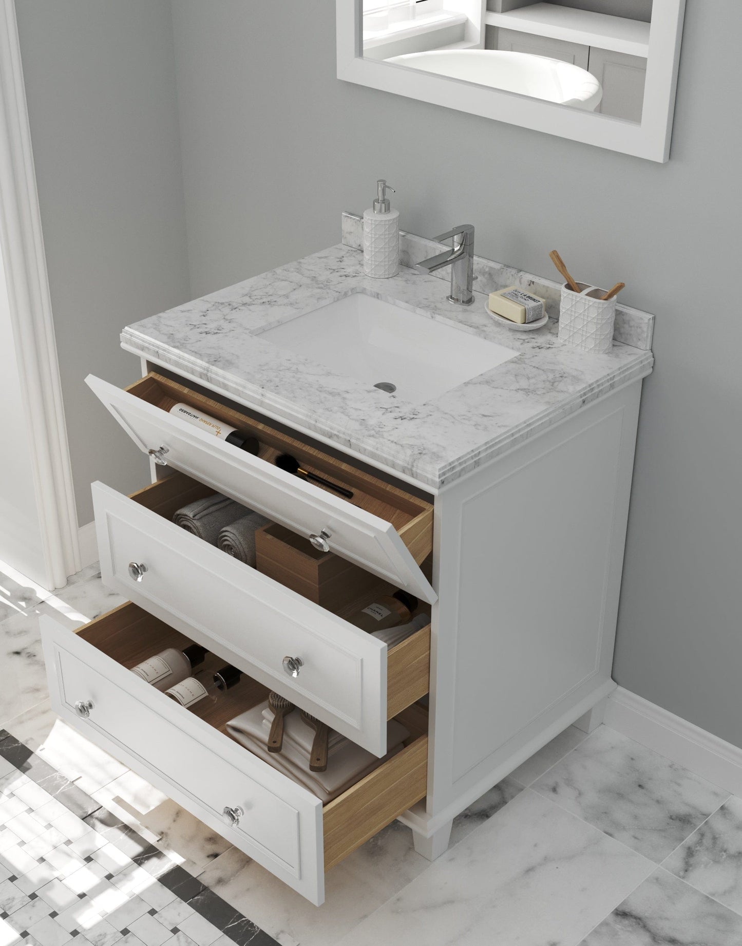 Laviva 313DVN-30W-WC Laviva Luna 30" White Bathroom Vanity with White Carrara Marble Countertop 313DVN-30W-WC