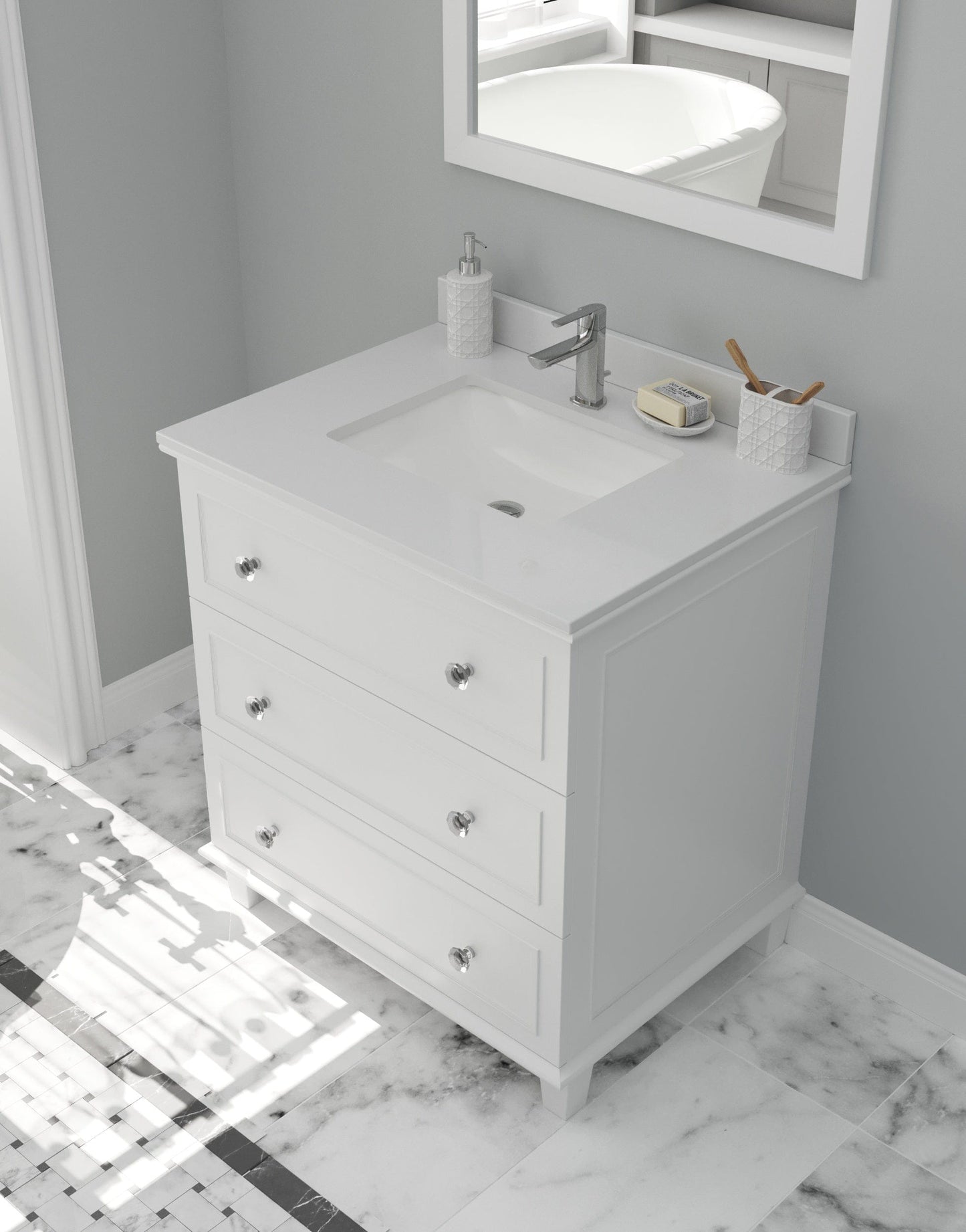 Laviva 313DVN-30W-WQ Laviva Luna 30" White Bathroom Vanity with White Quartz Countertop 313DVN-30W-WQ