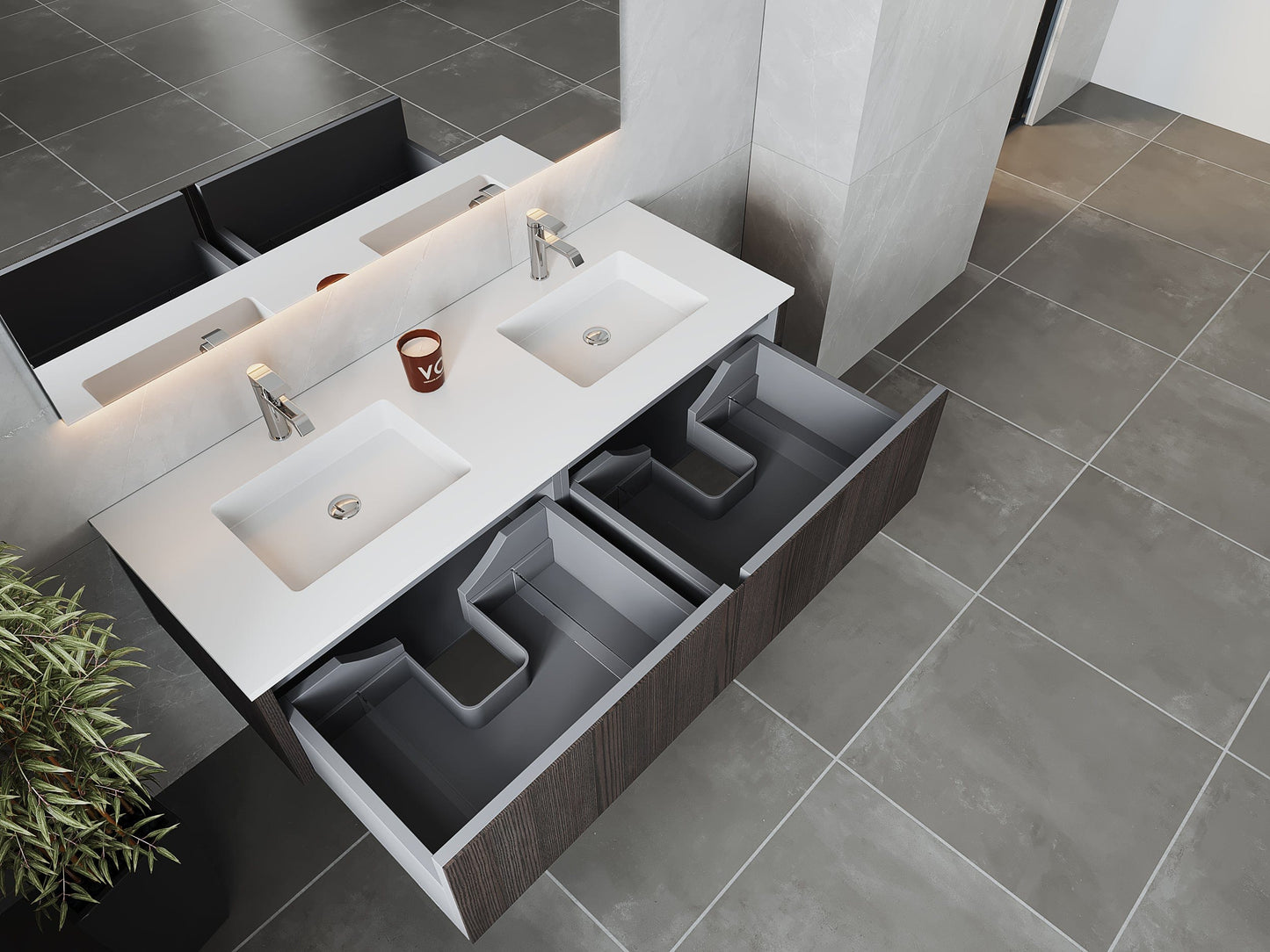 Laviva 313LGN-60DCR-MW Laviva Legno 60" Carbon Oak Double Sink Bathroom Vanity with Matte White VIVA Stone Solid Surface Countertop 313LGN-60DCR-MW