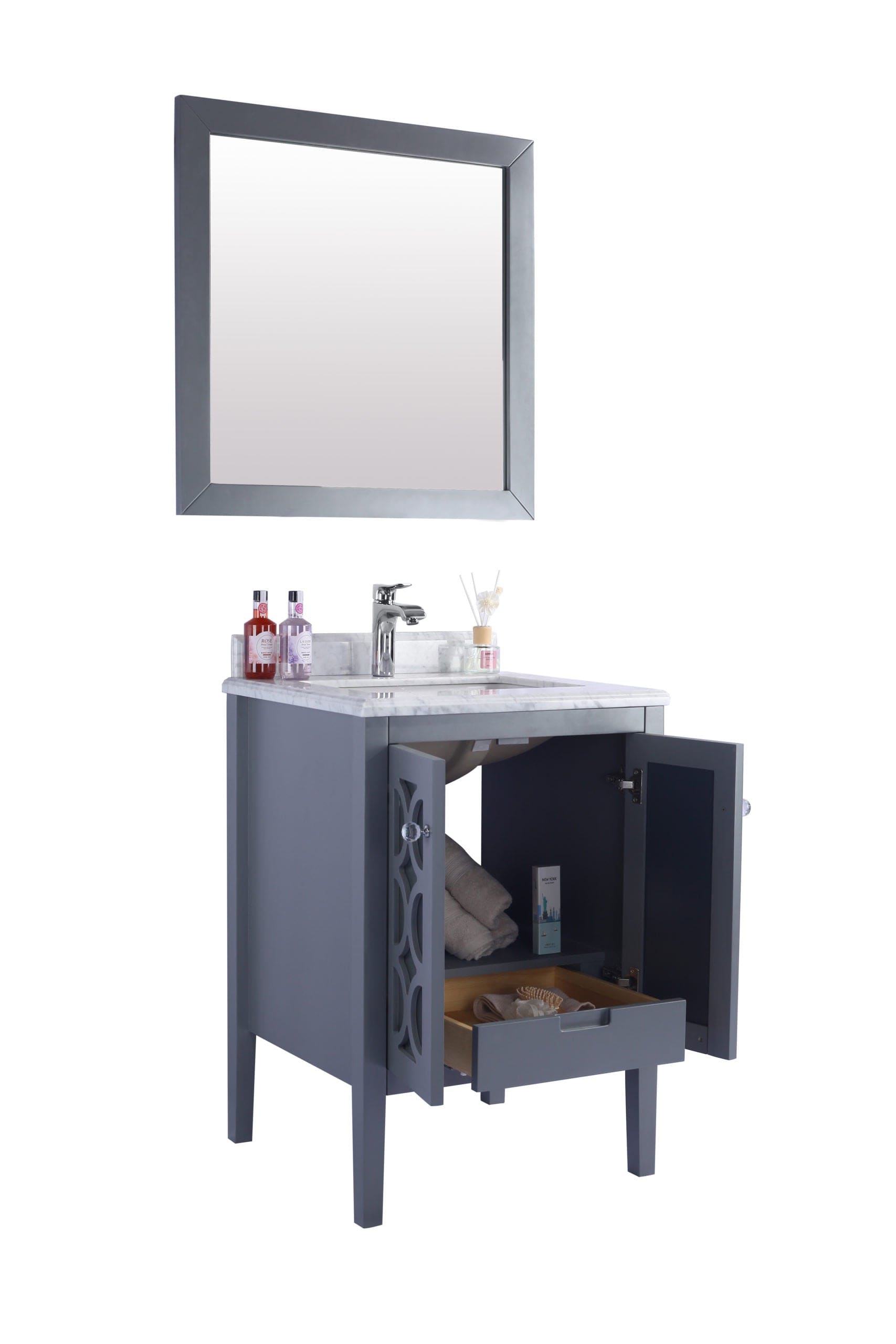 Laviva 313MKSH-24G-WC Laviva Mediterraneo 24" Gray Bathroom Vanity with White Carrara Marble Countertop 313MKSH-24G-WC