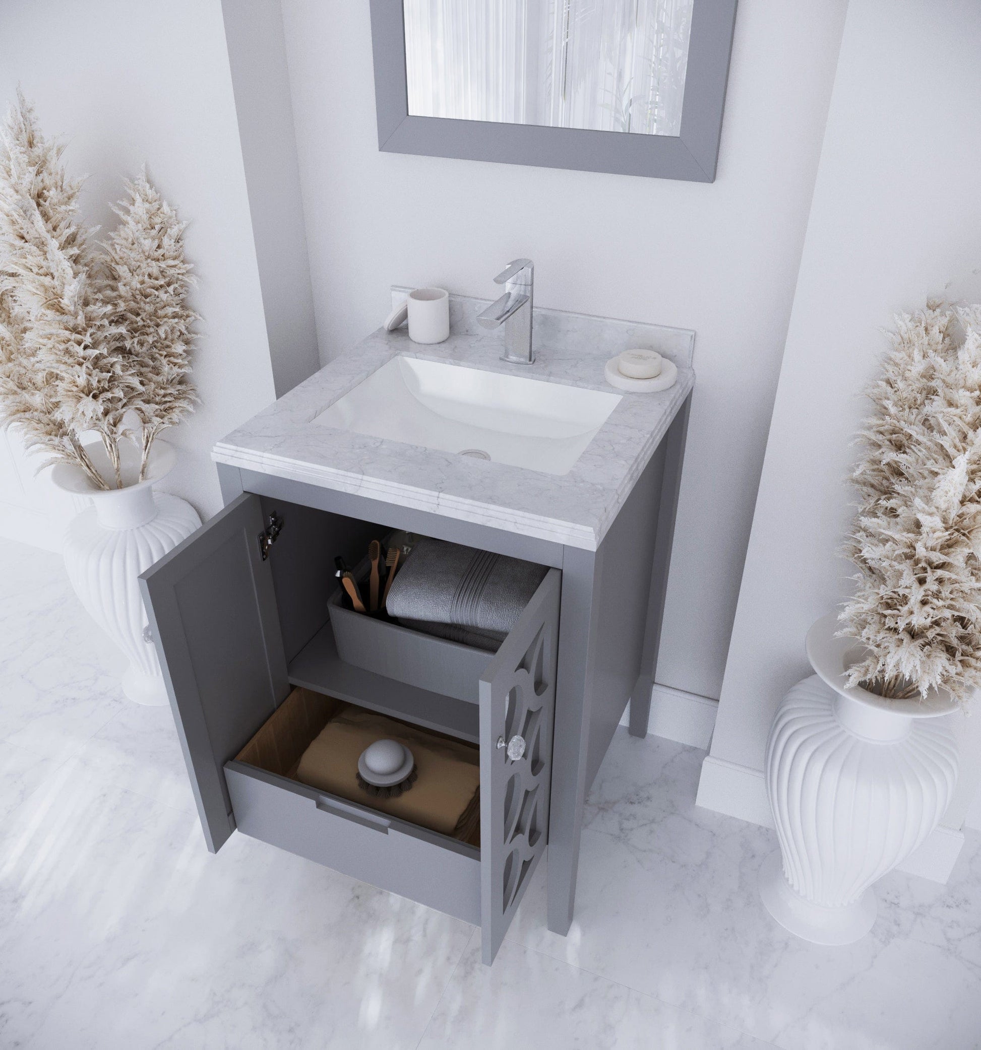 Laviva 313MKSH-24G-WC Laviva Mediterraneo 24" Gray Bathroom Vanity with White Carrara Marble Countertop 313MKSH-24G-WC