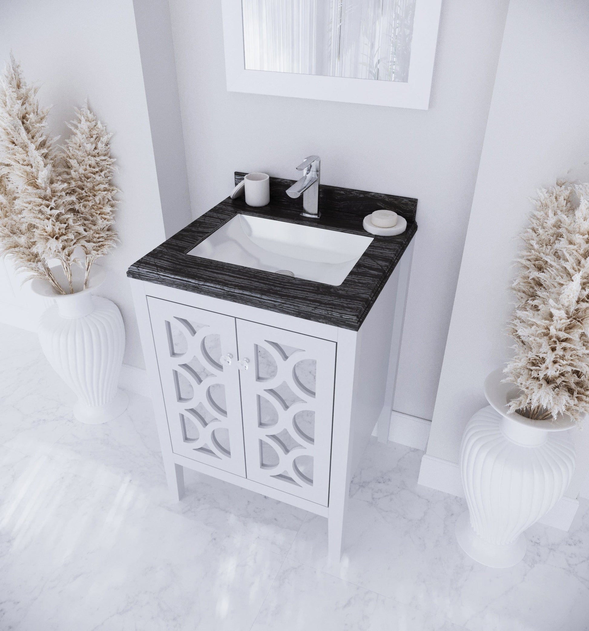 Laviva 313MKSH-24W-BW Laviva Mediterraneo 24" White Bathroom Vanity with Black Wood Marble Countertop 313MKSH-24W-BW