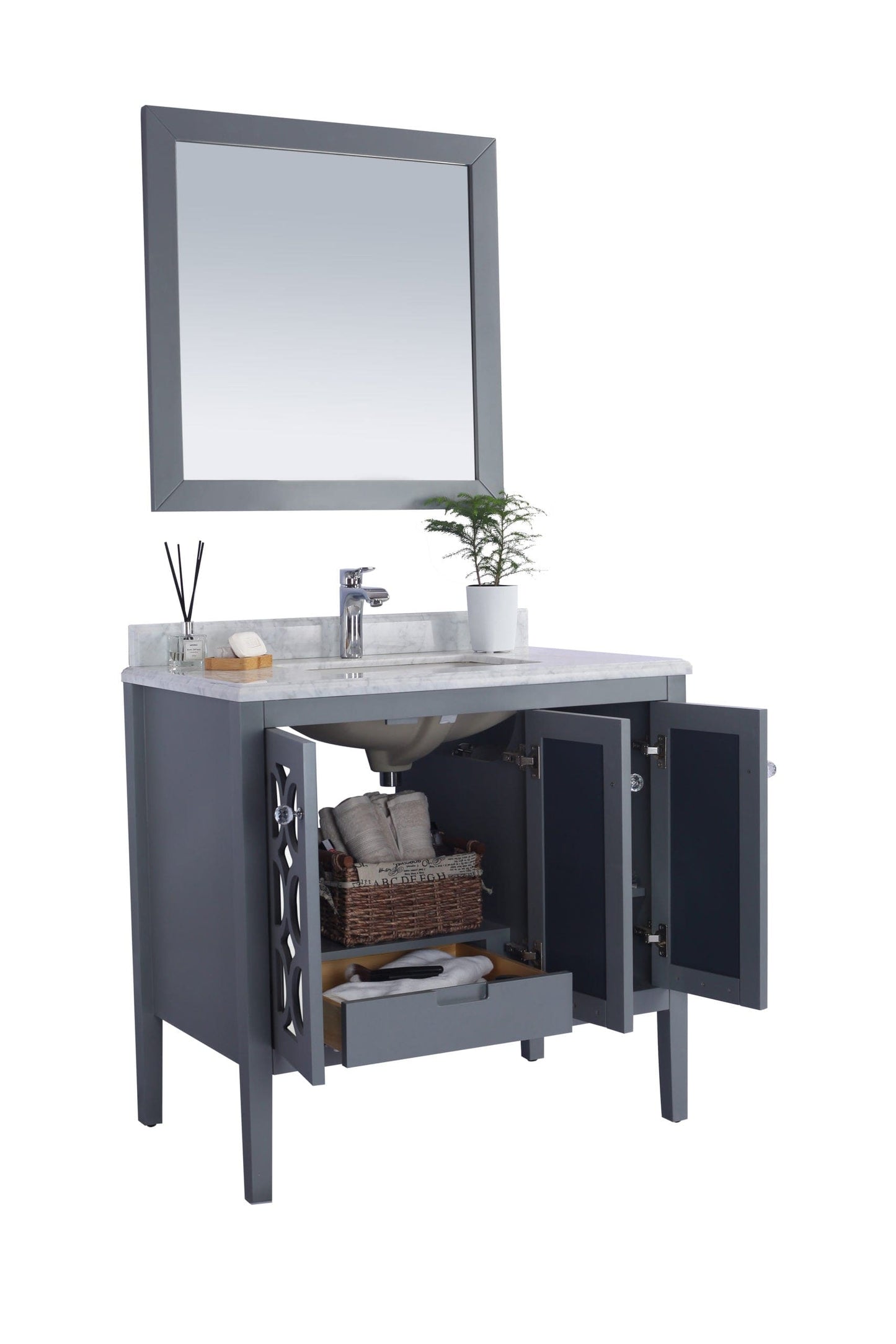 Laviva 313MKSH-36G-WC Laviva Mediterraneo 36" Gray Bathroom Vanity with White Carrara Marble Countertop 313MKSH-36G-WC