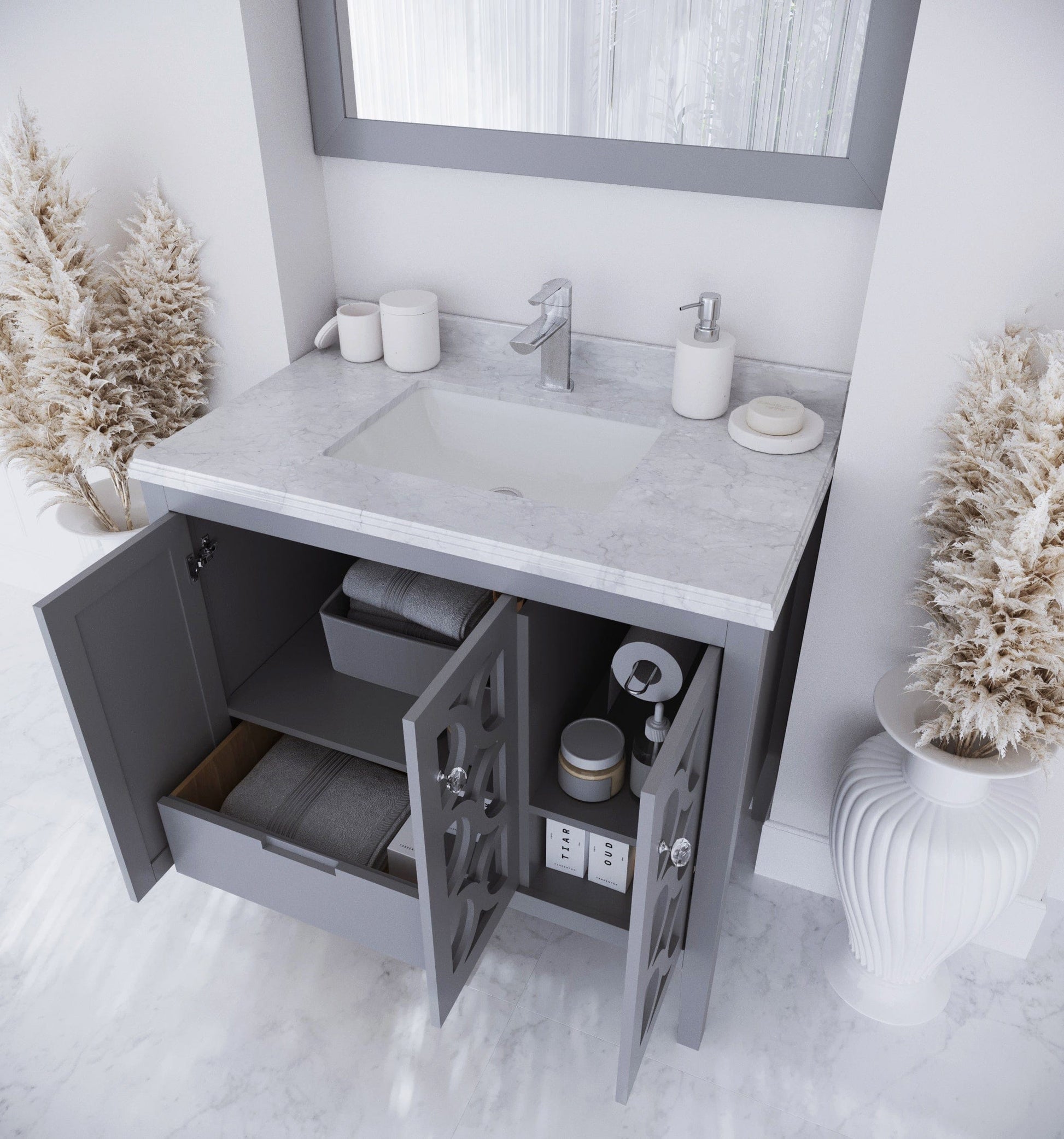 Laviva 313MKSH-36G-WC Laviva Mediterraneo 36" Gray Bathroom Vanity with White Carrara Marble Countertop 313MKSH-36G-WC