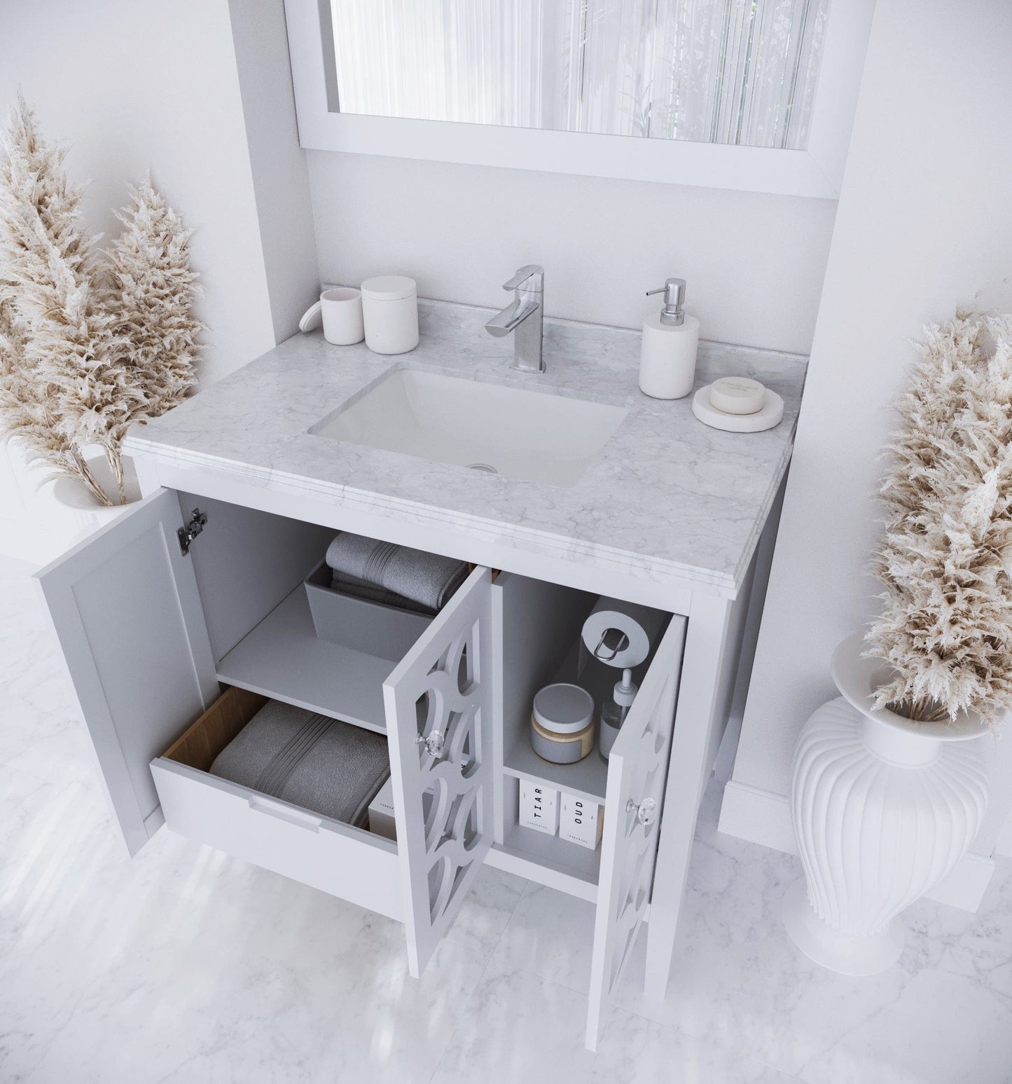 Laviva 313MKSH-36W-WC Laviva Mediterraneo 36" White Bathroom Vanity with White Carrara Marble Countertop 313MKSH-36W-WC