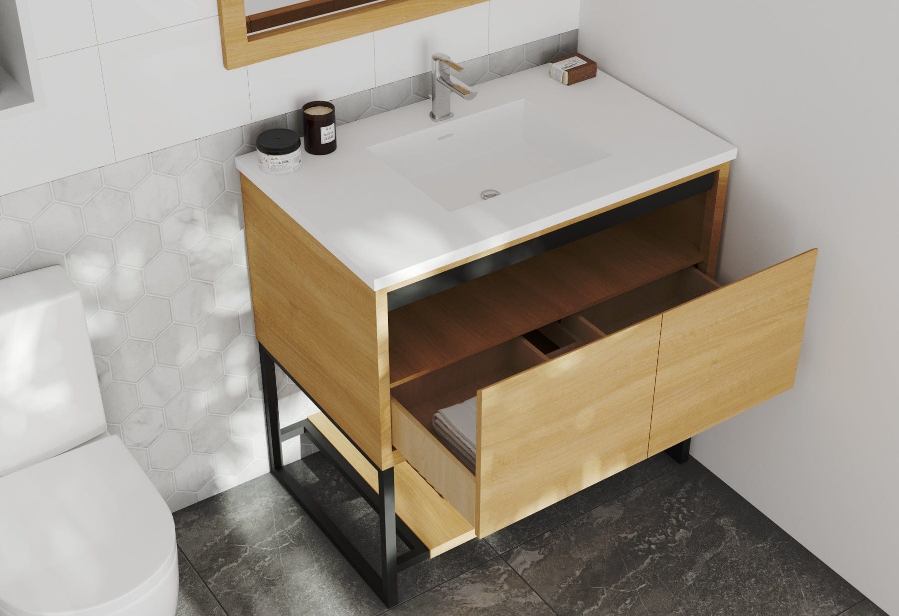 Laviva 313SMR-36CO-MW Laviva Alto 36" California White Oak Bathroom Vanity with Matte White VIVA Stone Solid Surface Countertop 313SMR-36CO-MW