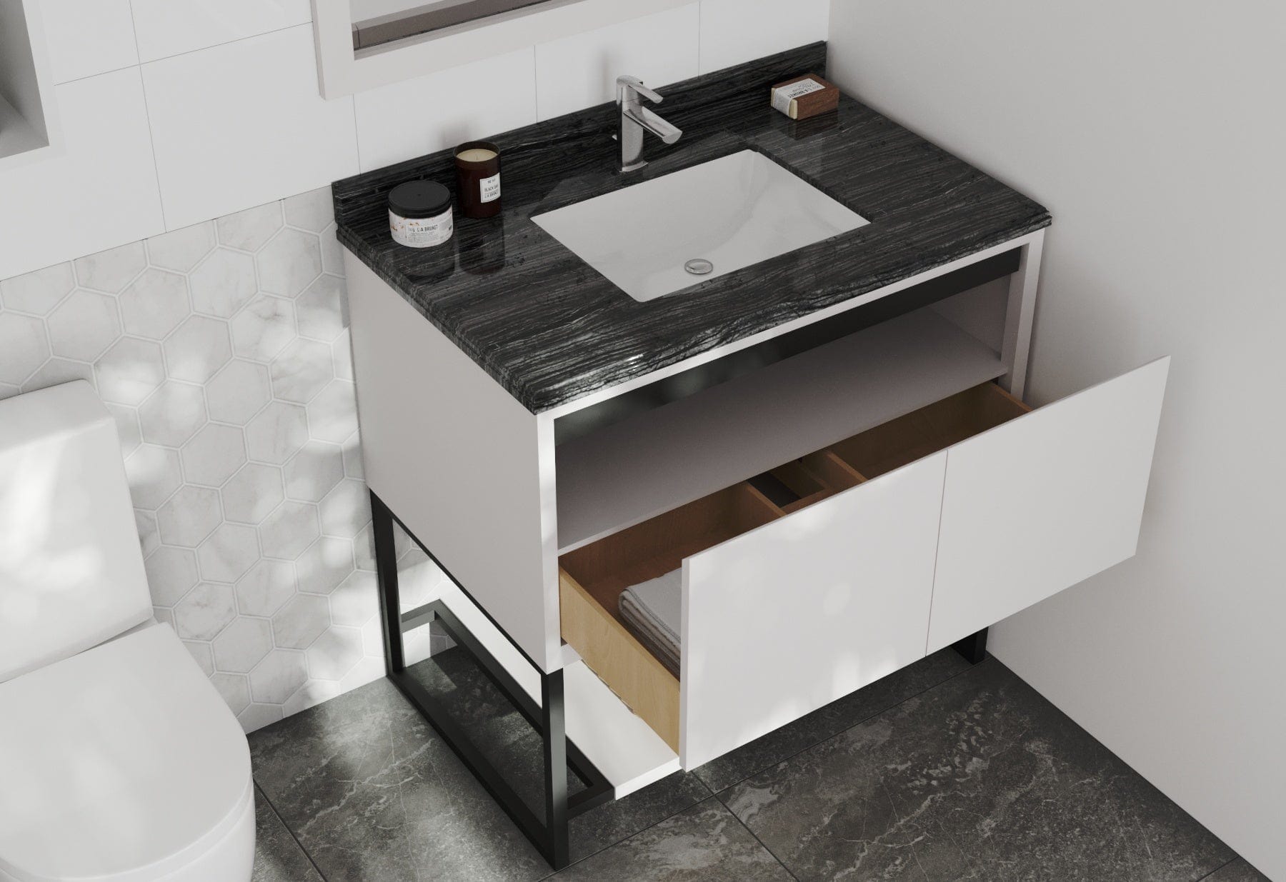 Laviva 313SMR-36W-BW Laviva Alto 36" White Bathroom Vanity with Black Wood Marble Countertop 313SMR-36W-BW