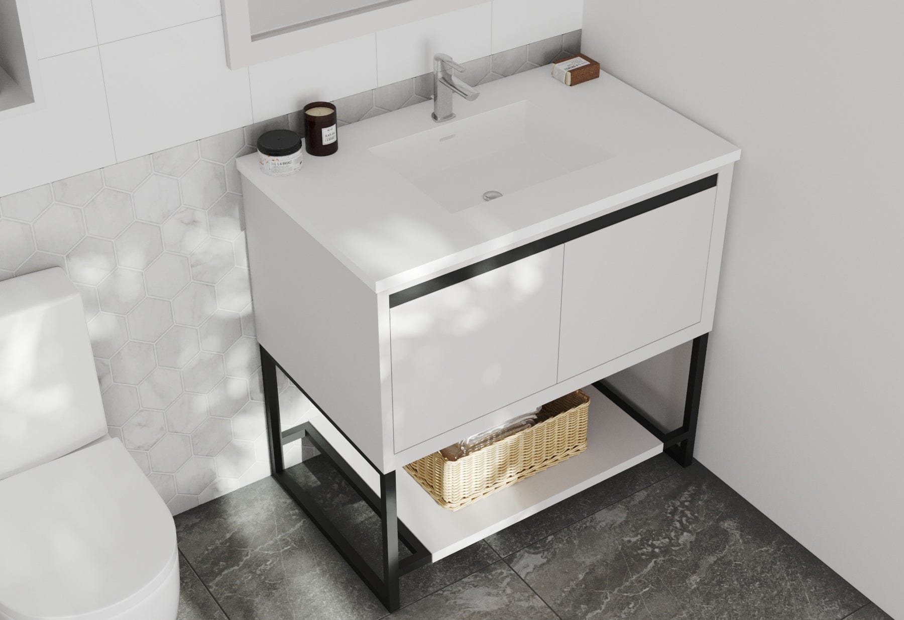 Laviva 313SMR-36W-MW Laviva Alto 36" White Bathroom Vanity with Matte White VIVA Stone Solid Surface Countertop 313SMR-36W-MW