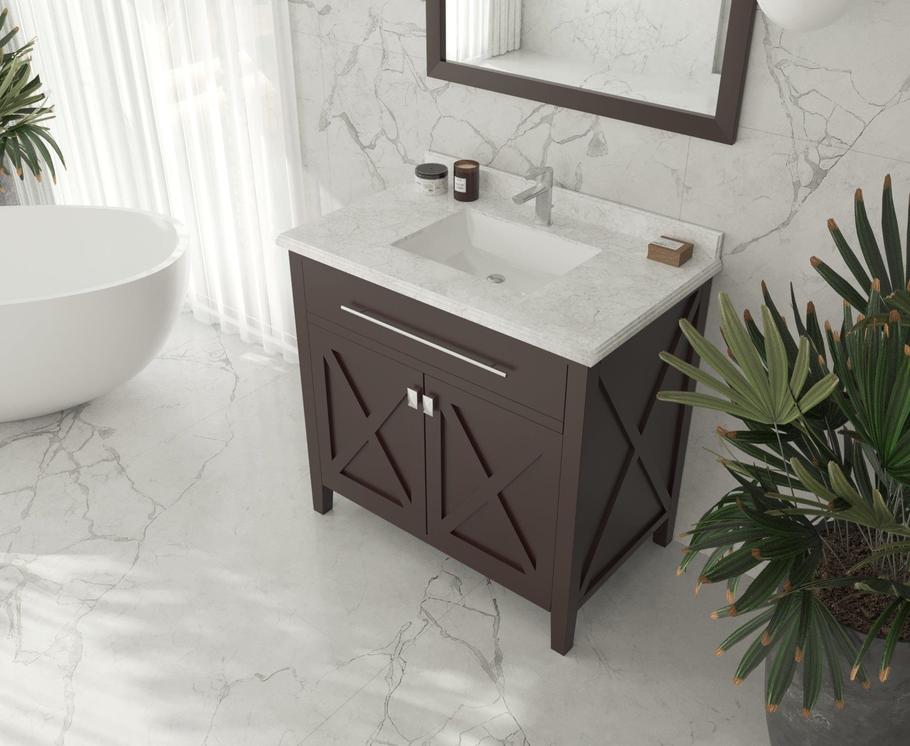 Laviva 313SQ1H-36-WC Laviva Forever 36" Single Hole White Carrara Marble Countertop with Rectangular Ceramic Sink 313SQ1H-36-WC