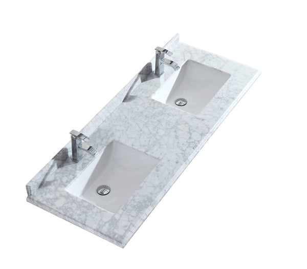 Laviva 313SQ1H-60-WC Laviva Forever 60 Single Hole White Carrara Marble Countertop with Double Rectangular Ceramic Sinks 313SQ1H-60-WC