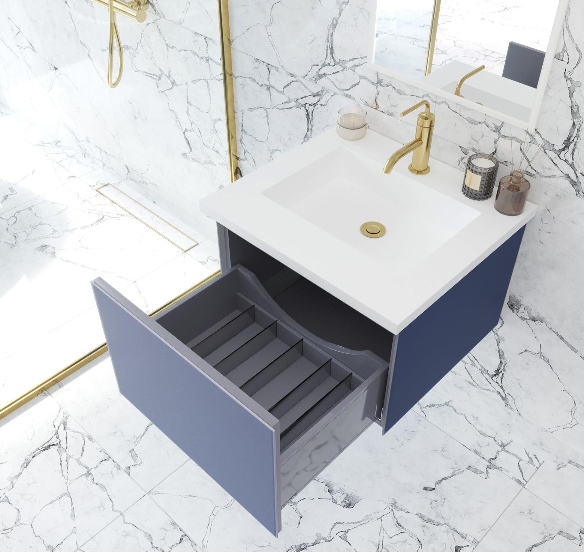 Laviva 313VTR-24NB-MW Laviva Vitri 24" Nautical Blue Bathroom Vanity with VIVA Stone Matte White Solid Surface Countertop 313VTR-24NB-MW