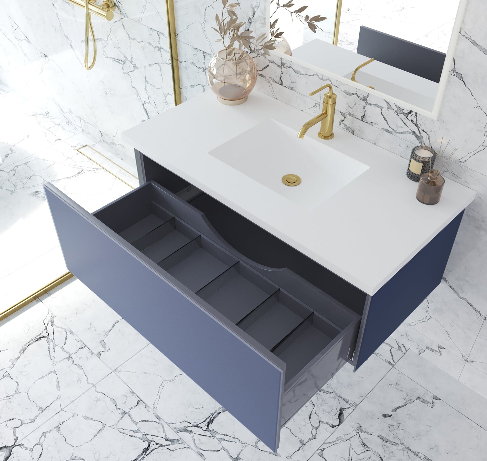 Laviva 313VTR-42NB-MW Laviva Vitri 42" Nautical Blue Bathroom Vanity with VIVA Stone Matte White Solid Surface Countertop 313VTR-42NB-MW