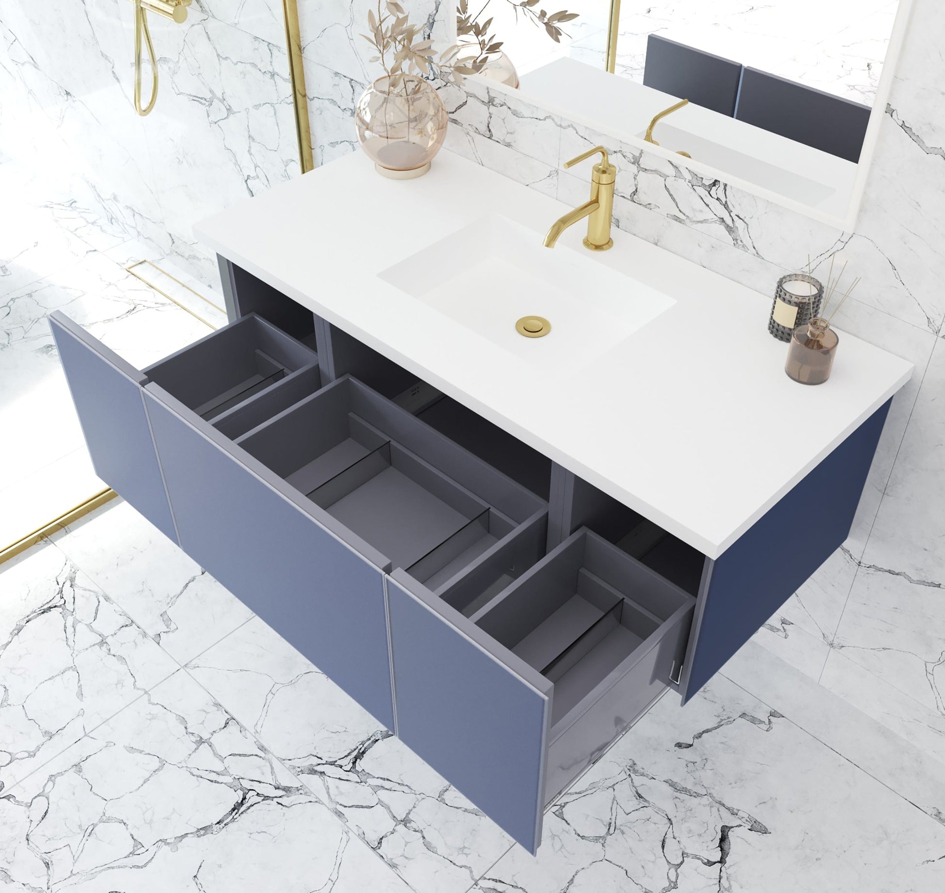 Laviva 313VTR-48NB-MW Laviva Vitri 48" Nautical Blue Bathroom Vanity with VIVA Stone Matte White Solid Surface Countertop 313VTR-48NB-MW