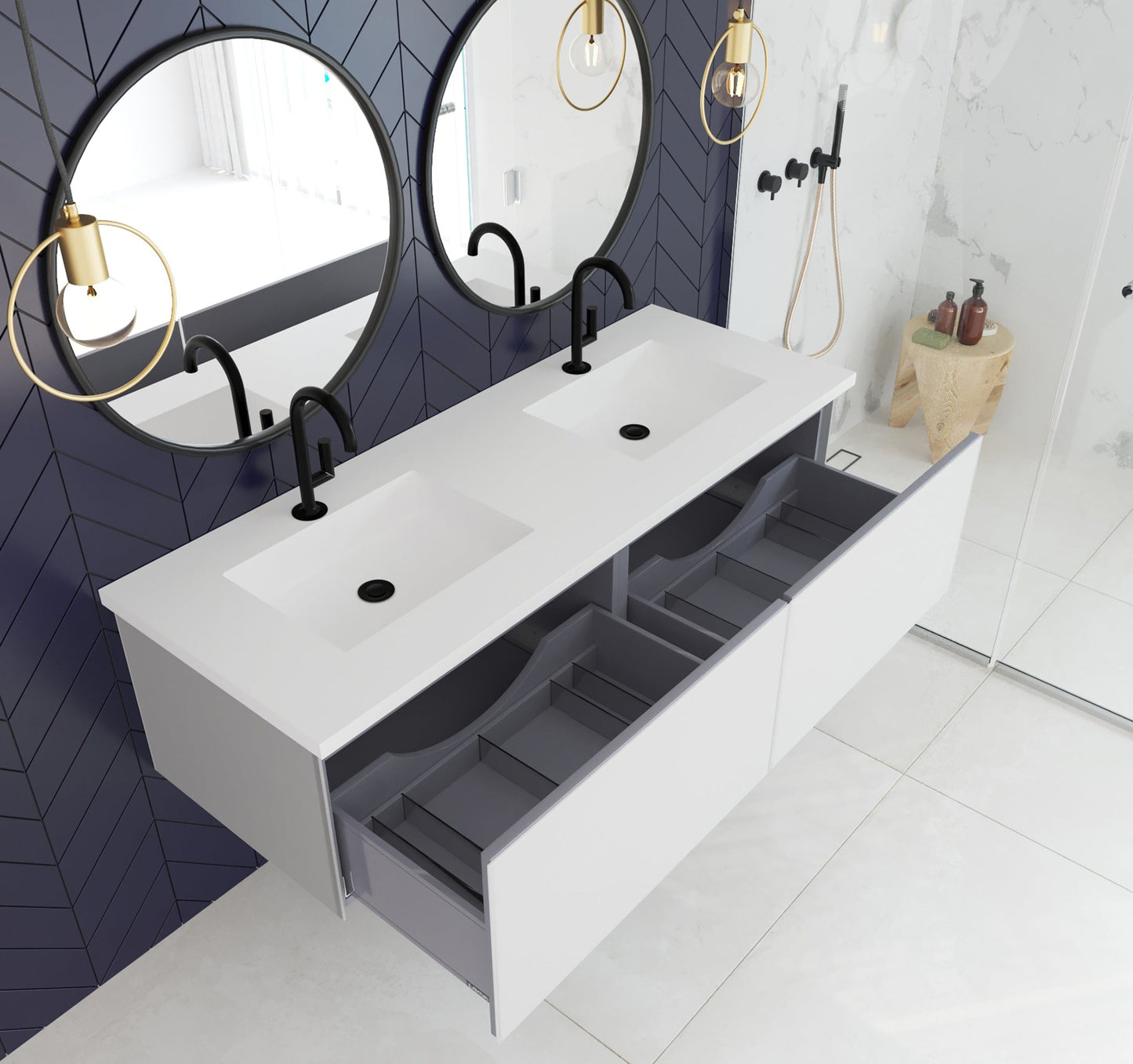 Laviva 313VTR-60DCW-MW Laviva Vitri 60" Cloud White Double Sink Bathroom Vanity with VIVA Stone Matte White Solid Surface Countertop 313VTR-60DCW-MW