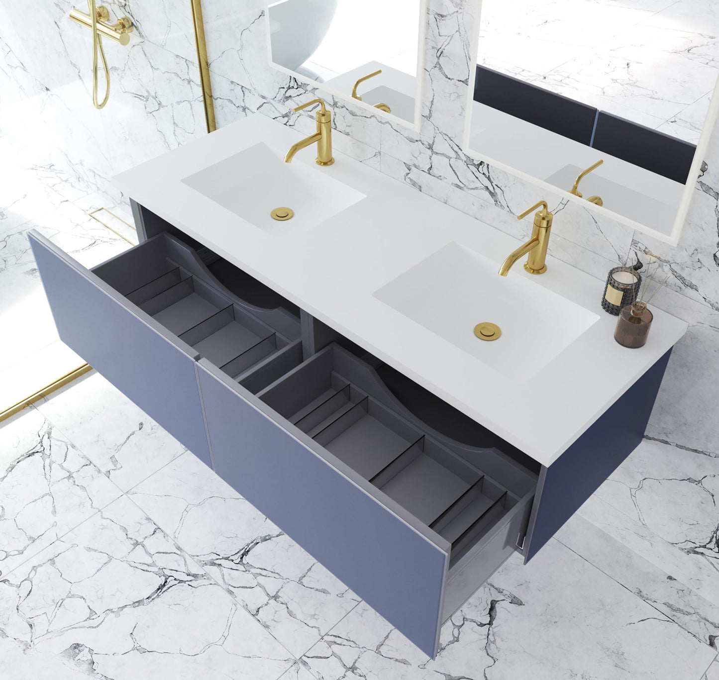 Laviva 313VTR-60DNB-MW Laviva Vitri 60" Nautical Blue Double Sink Bathroom Vanity with VIVA Stone Matte White Solid Surface Countertop 313VTR-60DNB-MW