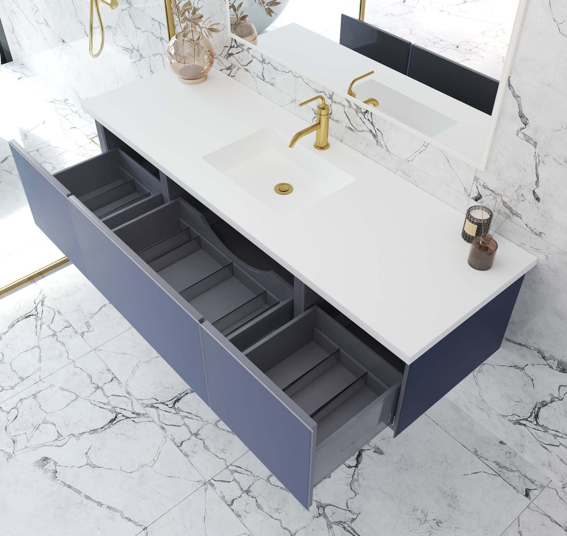 Laviva 313VTR-66NB-MW Laviva Vitri 66" Nautical Blue Single Sink Bathroom Vanity with VIVA Stone Matte White Solid Surface Countertop 313VTR-66NB-MW