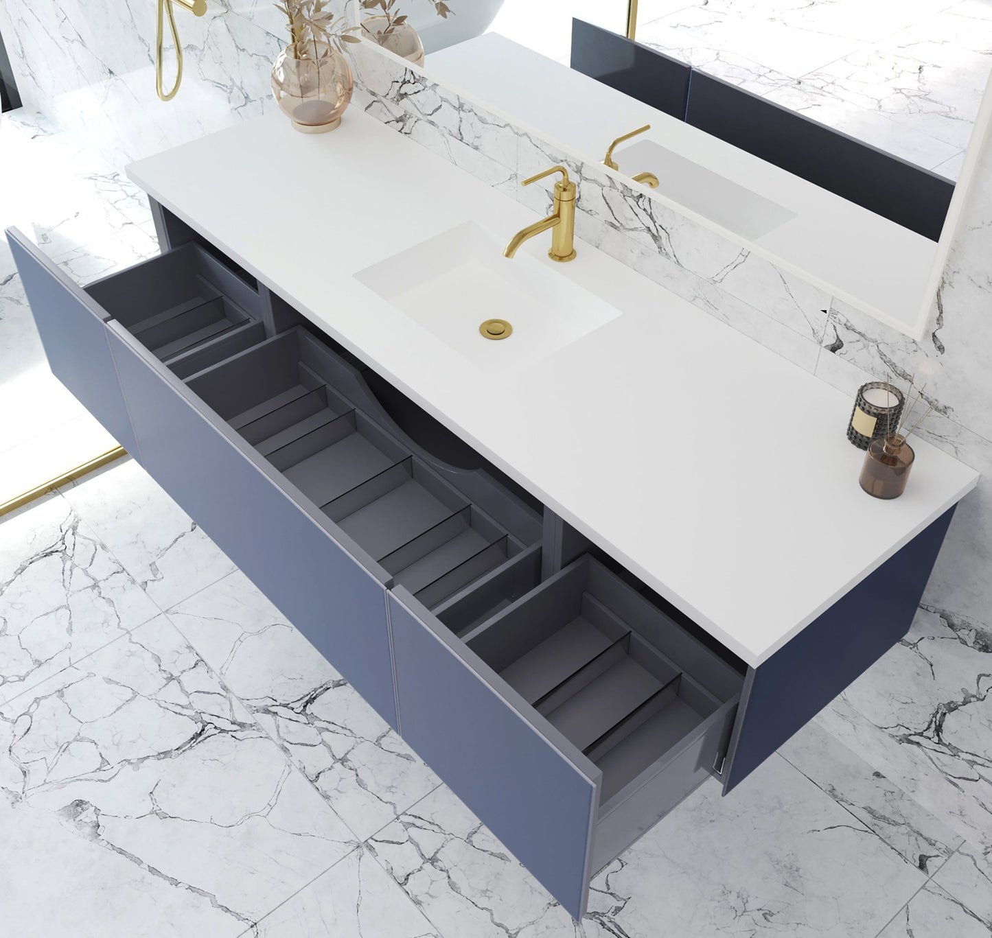 Laviva 313VTR-72CNB-MW Laviva Vitri 72" Nautical Blue Single Sink Bathroom Vanity with VIVA Stone Matte White Solid Surface Countertop 313VTR-72CNB-MW