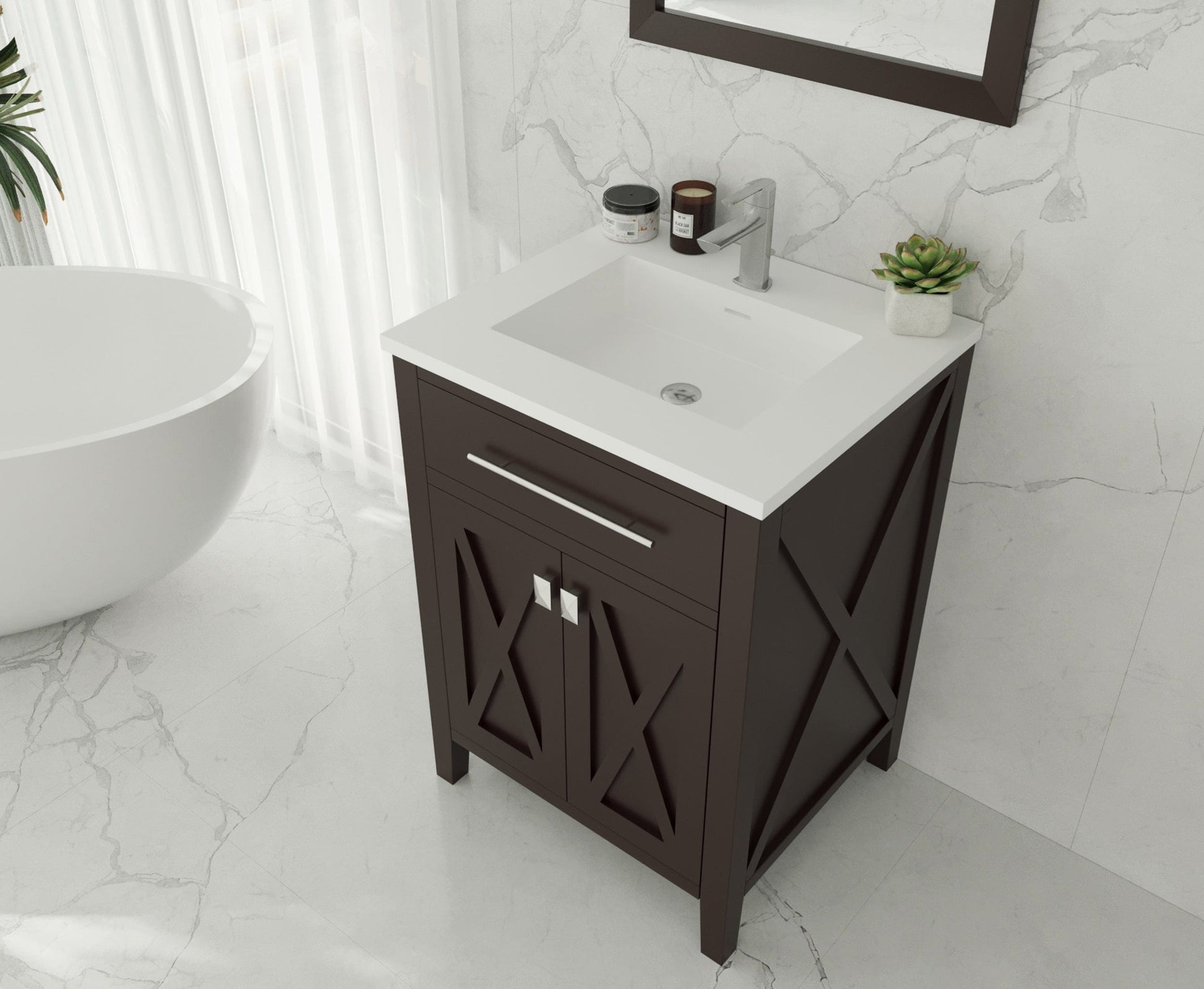 Laviva 313YG319-24B-MW Laviva Wimbledon 24" Brown Bathroom Vanity with Matte White VIVA Stone Solid Surface Countertop 313YG319-24B-MW