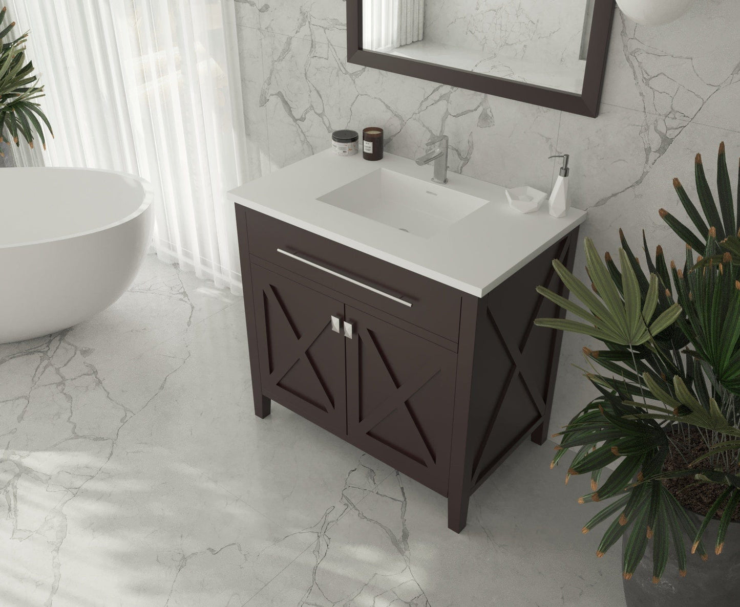 Laviva 313YG319-36B-MW Laviva Wimbledon 36" Brown Bathroom Vanity with Matte White VIVA Stone Solid Surface Countertop 313YG319-36B-MW